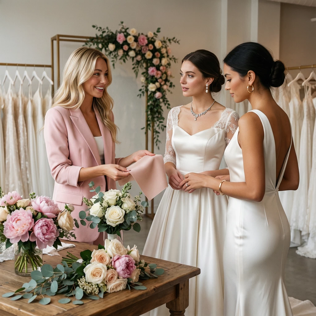 Avery bridal consultant answering questions from two brides