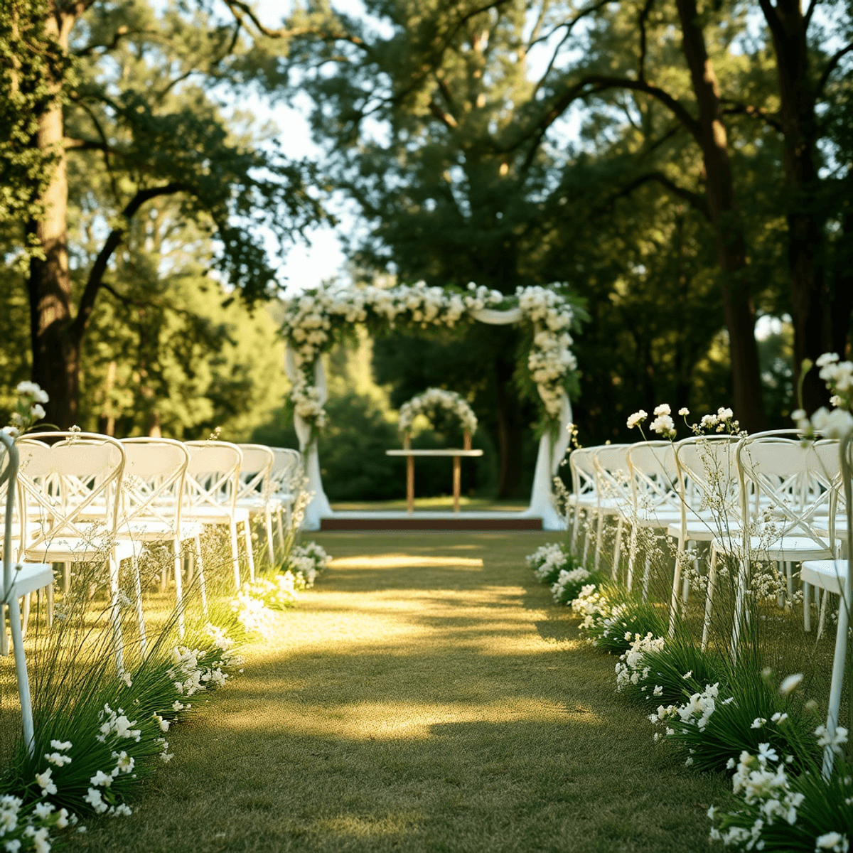 Outdoor wedding aisle with meadow flowers and greenery leading to a floral-adorned altar, bathed in warm sunlight filtering through trees.
