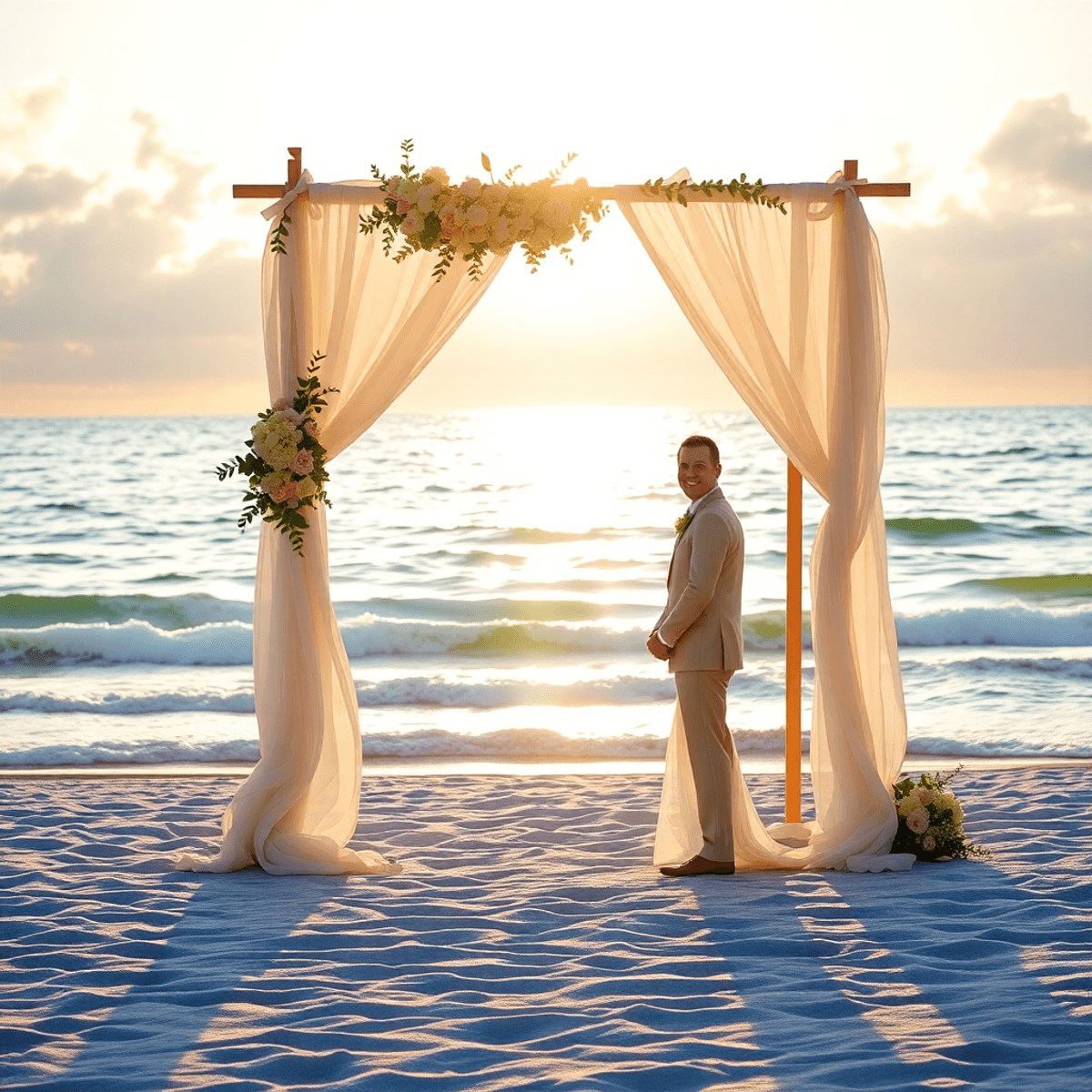 Romantic beach wedding at golden hour with floral arch, flowing fabric, gentle waves, warm sunlight, and a serene sky.