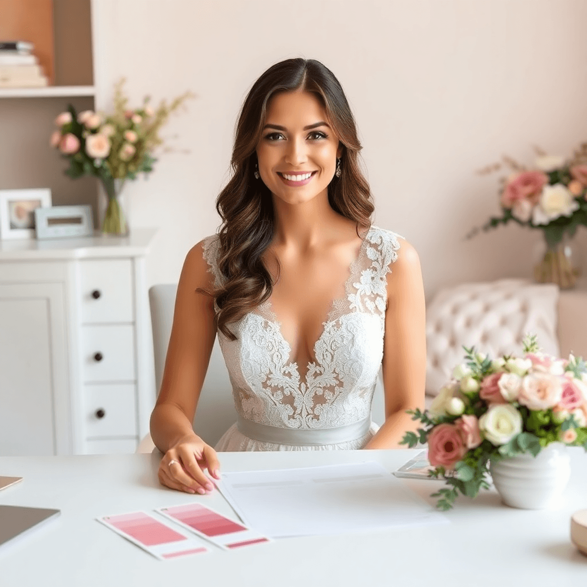 Bride-to-be smiling calmly at a tidy desk with wedding planning materials, surrounded by soft pastels and natural light, exuding calm and confidence.