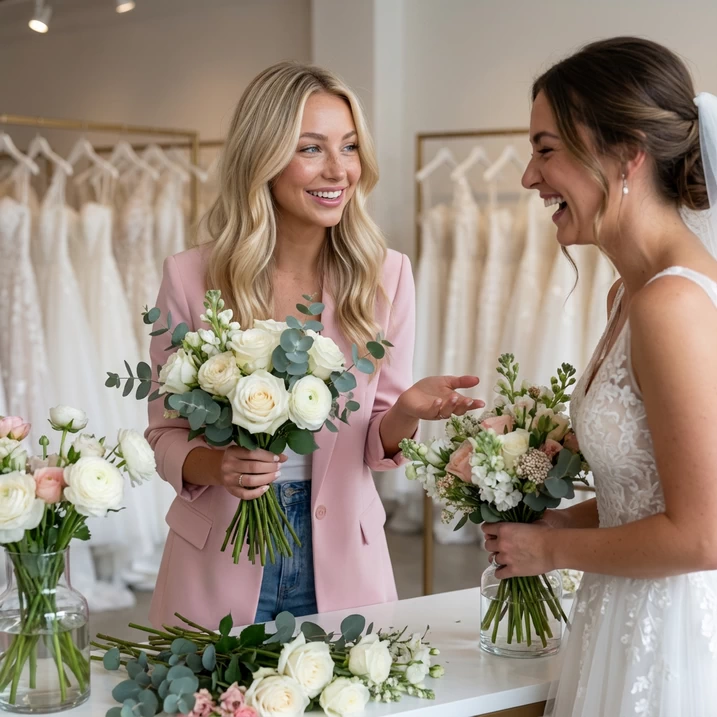 Avery helps a bride with flowers