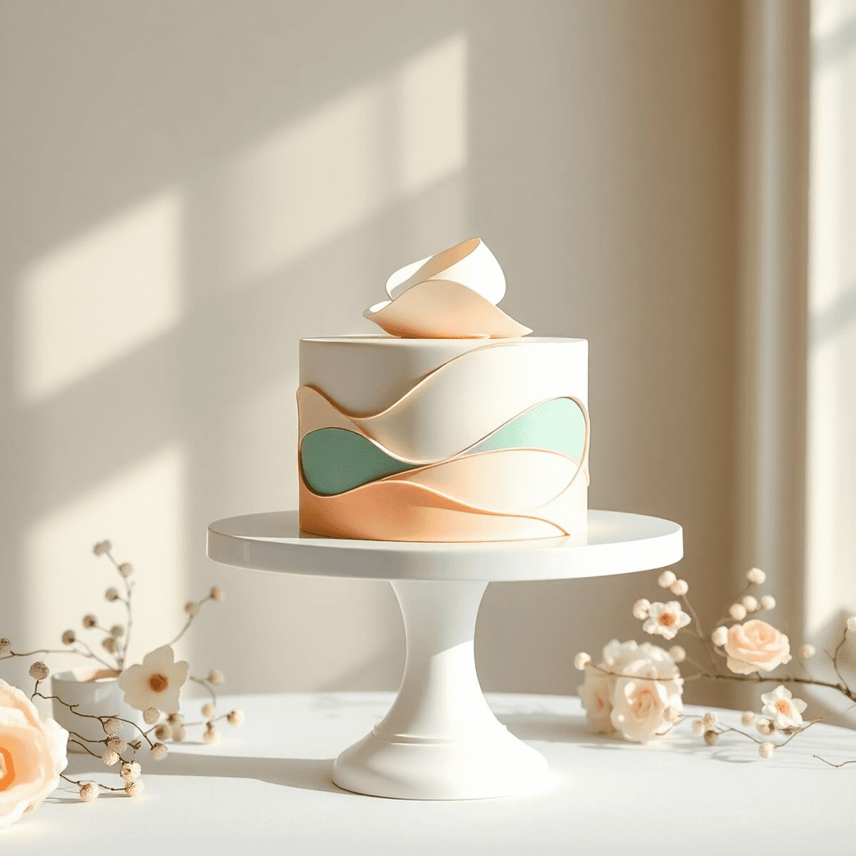 Small sculptural cake with smooth pastel shapes on a white stand, surrounded by soft natural light and delicate flowers, creating a calm, stylish celebration scene.