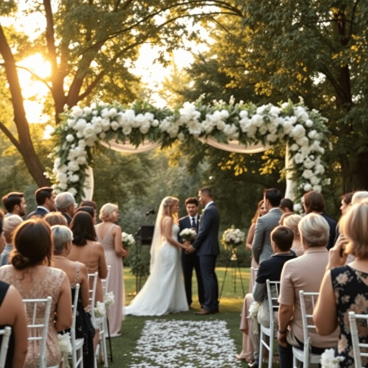 Outdoor wedding with a small group gathered around a flower-adorned archway in warm golden sunlight
