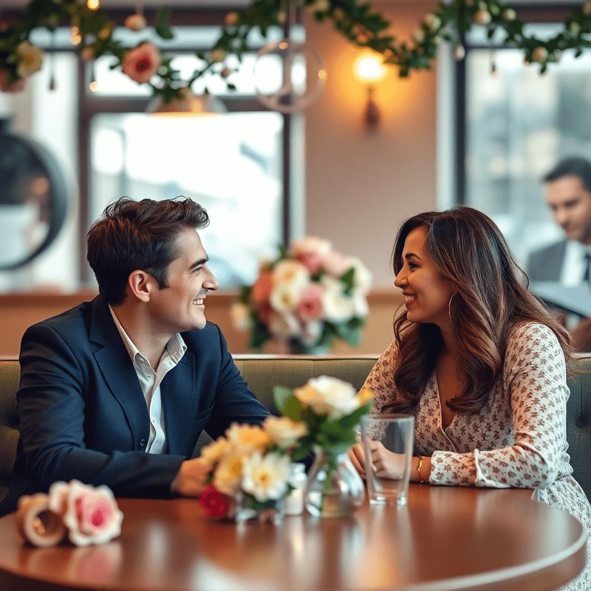 A couple sits at a cozy café table, smiling and chatting amid soft light and wedding-themed decorations like flowers and rings.