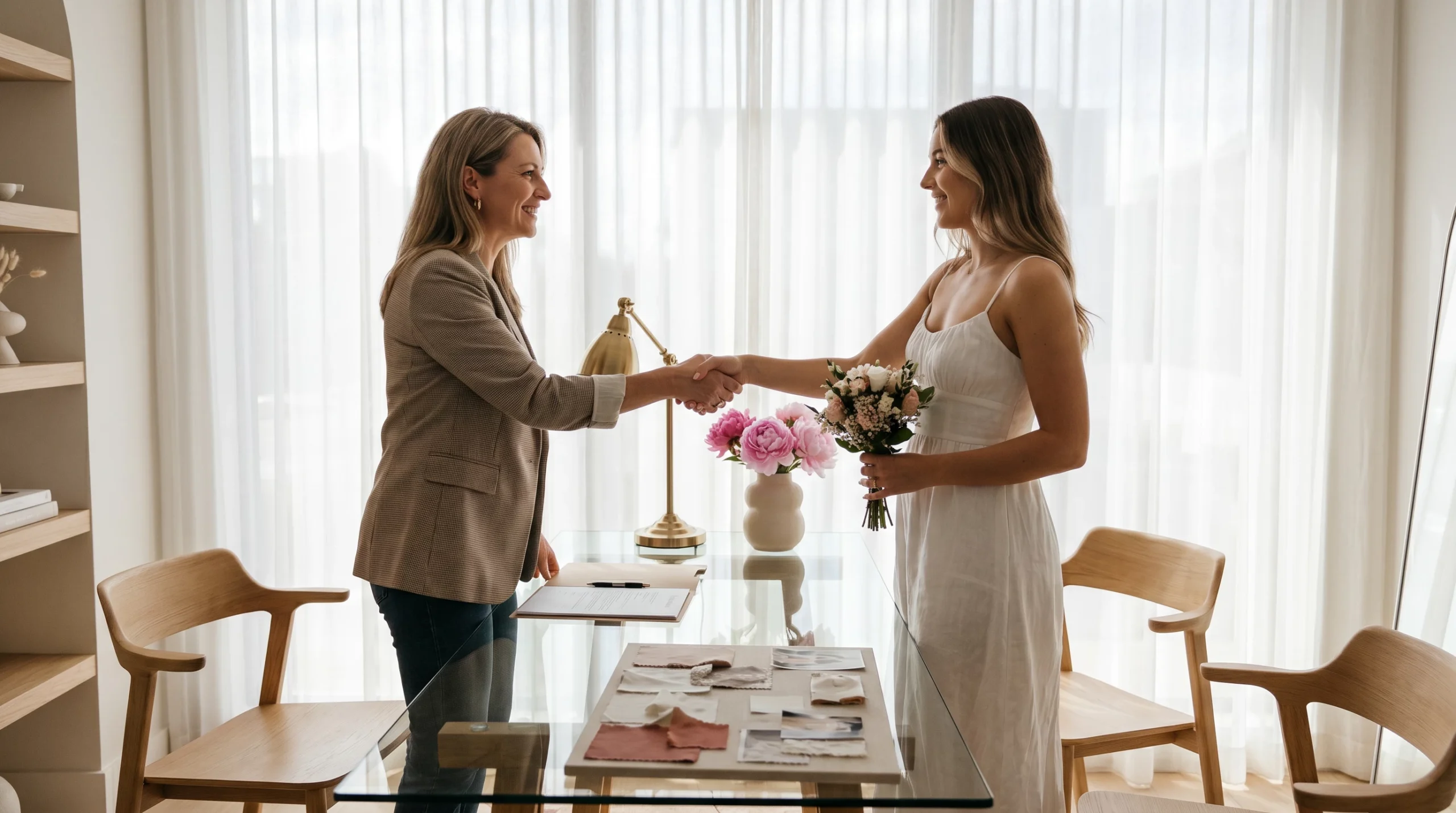 A warm bridal coach and a radiant future bride (20–25) in a simple white day dress stand in a bright Scandinavian office and shake hands over a signed contract folder, smiling in mutual trust.