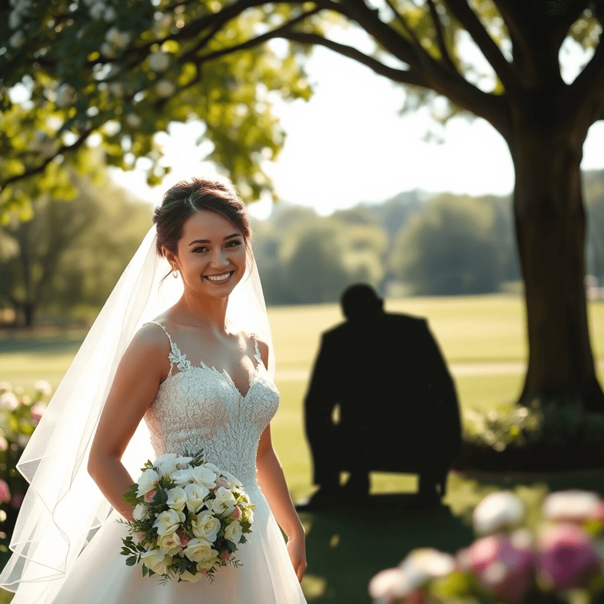 Bride and groom smiling outdoors amid flowers and sunlight, with a shadowy figure sitting alone