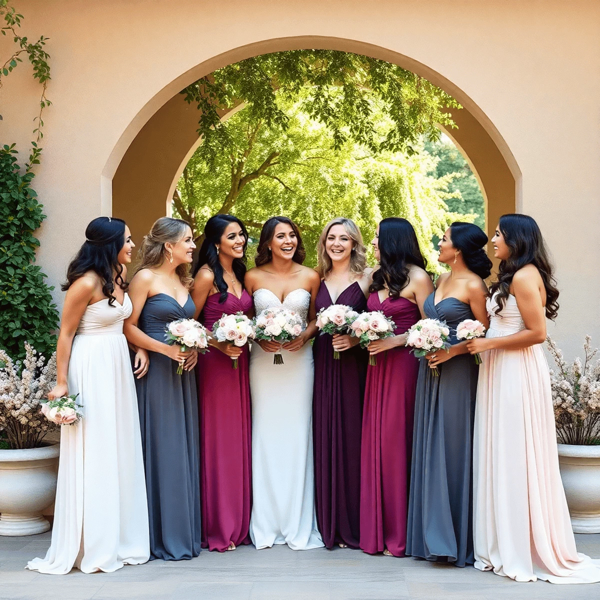 Bridesmaids in elegant dresses laughing outdoors amid soft light and delicate floral arrangements, sharing a joyful, celebratory moment.