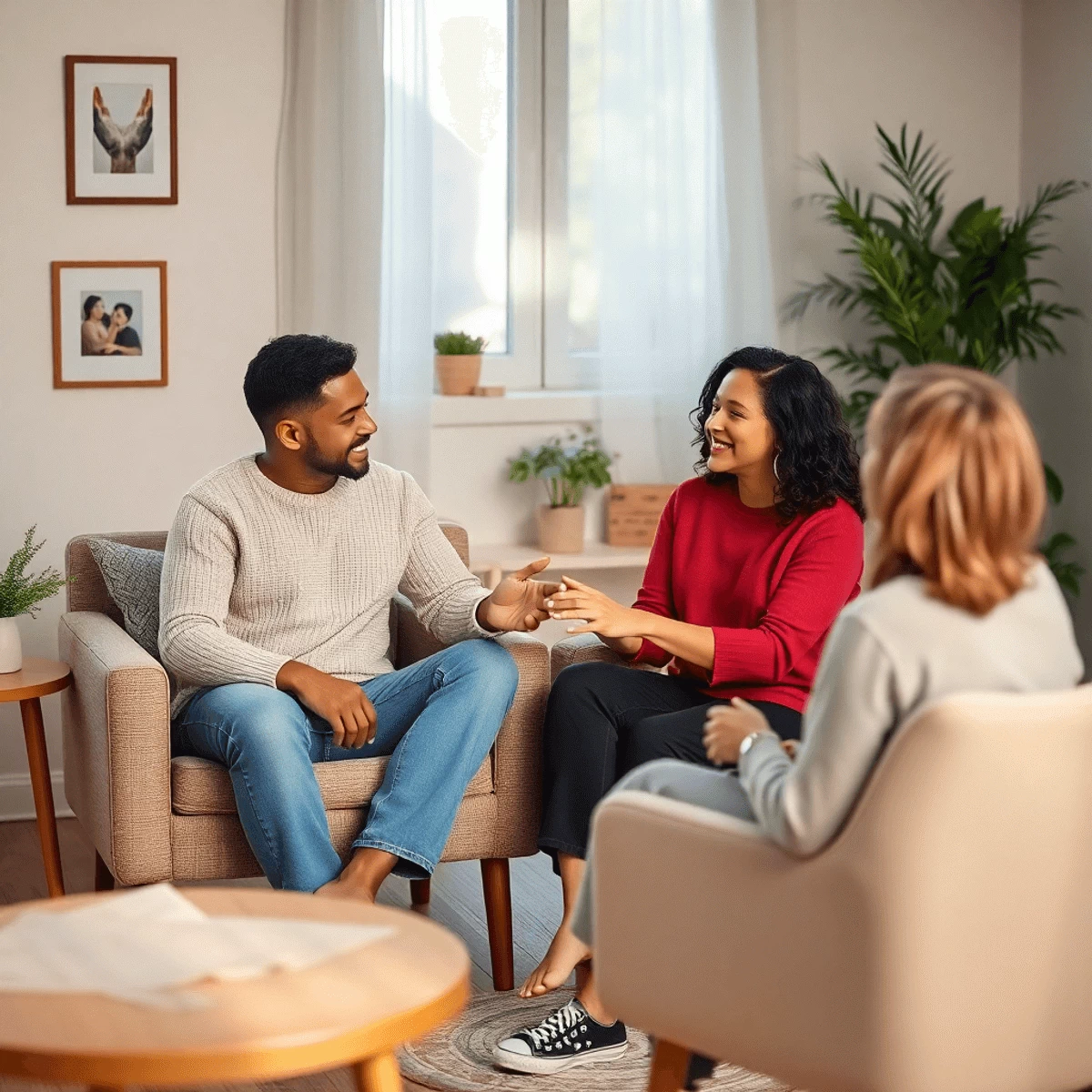 Cozy counseling room with two people seated, engaged in supportive conversation with a counselor, surrounded by soft lighting and symbols of connection.