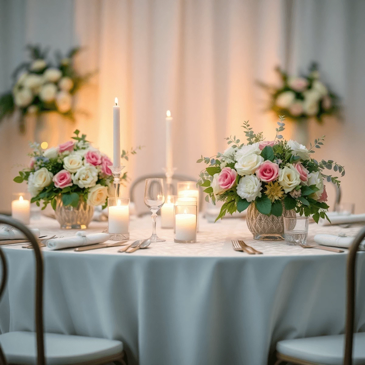 Elegant wedding table with floral centerpieces, glowing candles, lace accents, and pastel colors in a harmonious, realistic decor setting.