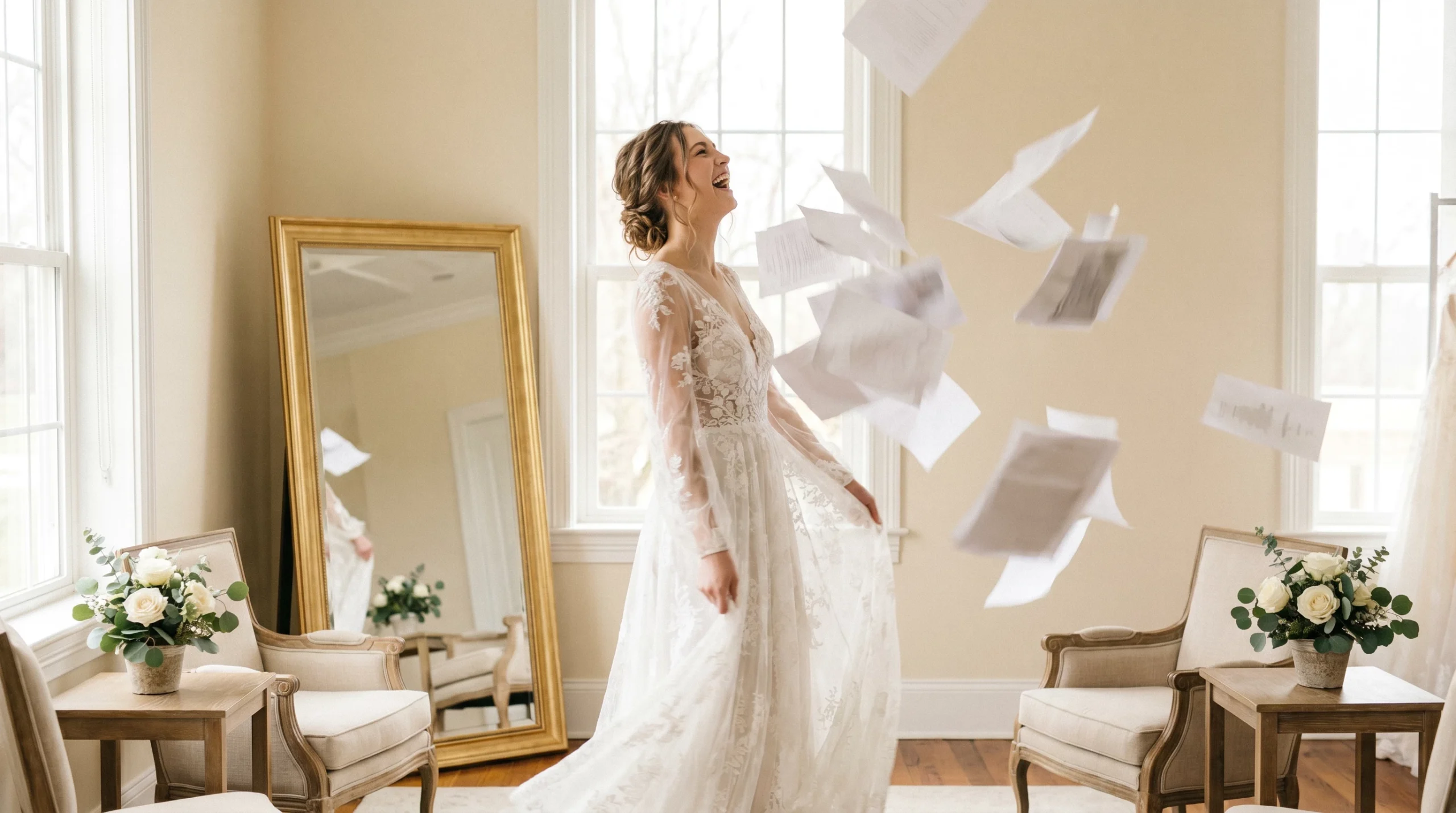 Young bride (20–23) in an elegant wedding dress joyfully throws a stack of business papers into the air inside a bright bridal studio; papers flutter around her as she smiles, conveying relief and triumph after resolving overwhelming tasks
