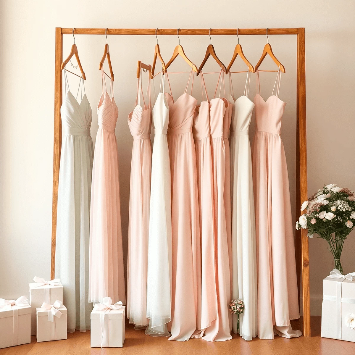 Pastel bridesmaid dresses hanging on a wooden rack with gift boxes and flower bouquets against a light, airy background.