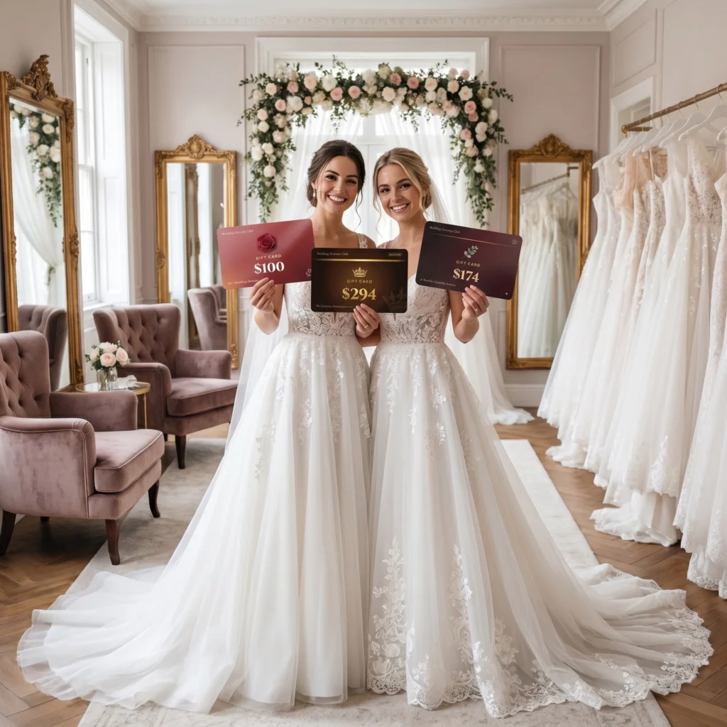Two beautiful brides hold gift cards , smiling and showing gift cards