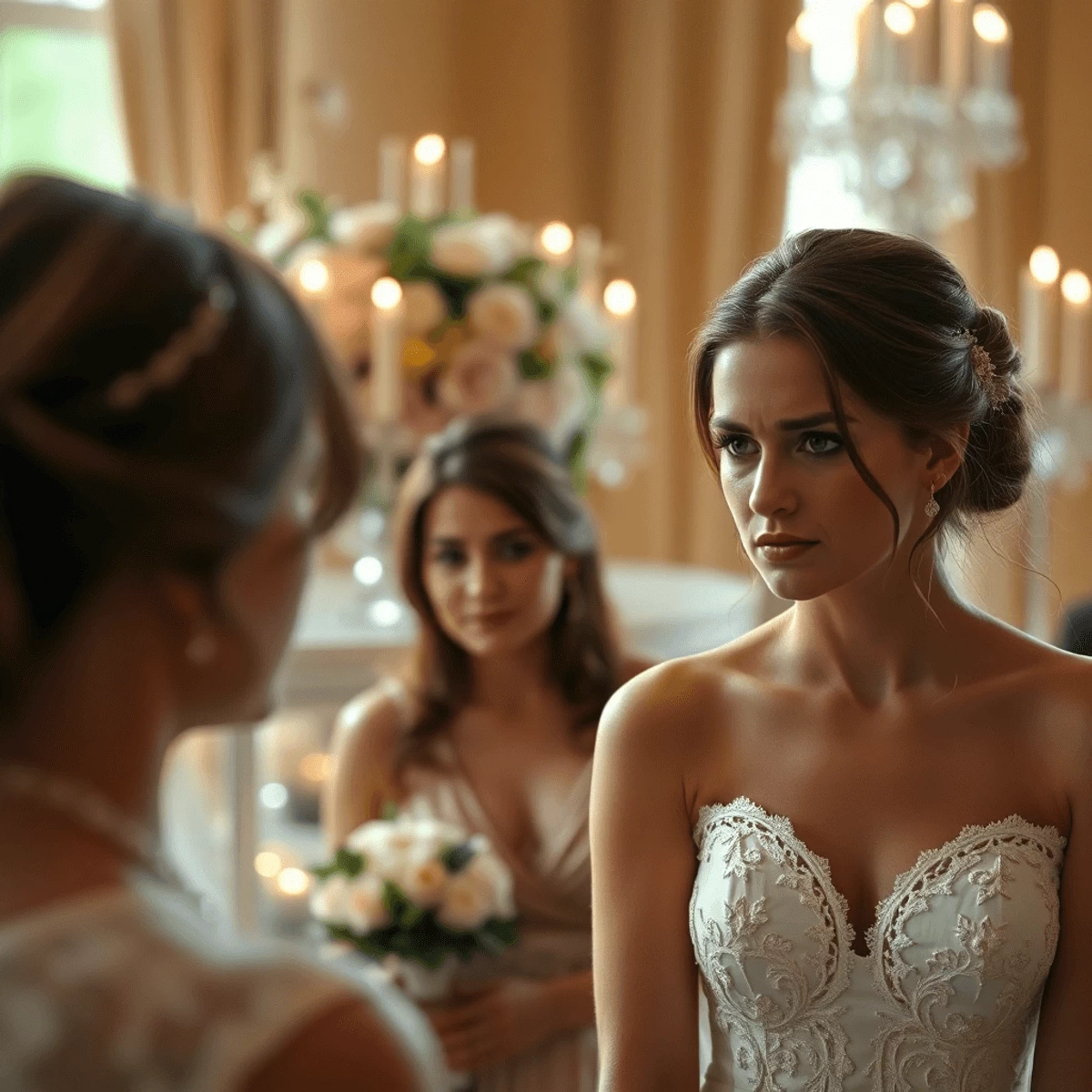 Upset bridesmaid looking distant at a wedding, with soft-focus flowers and candles in warm natural light.
