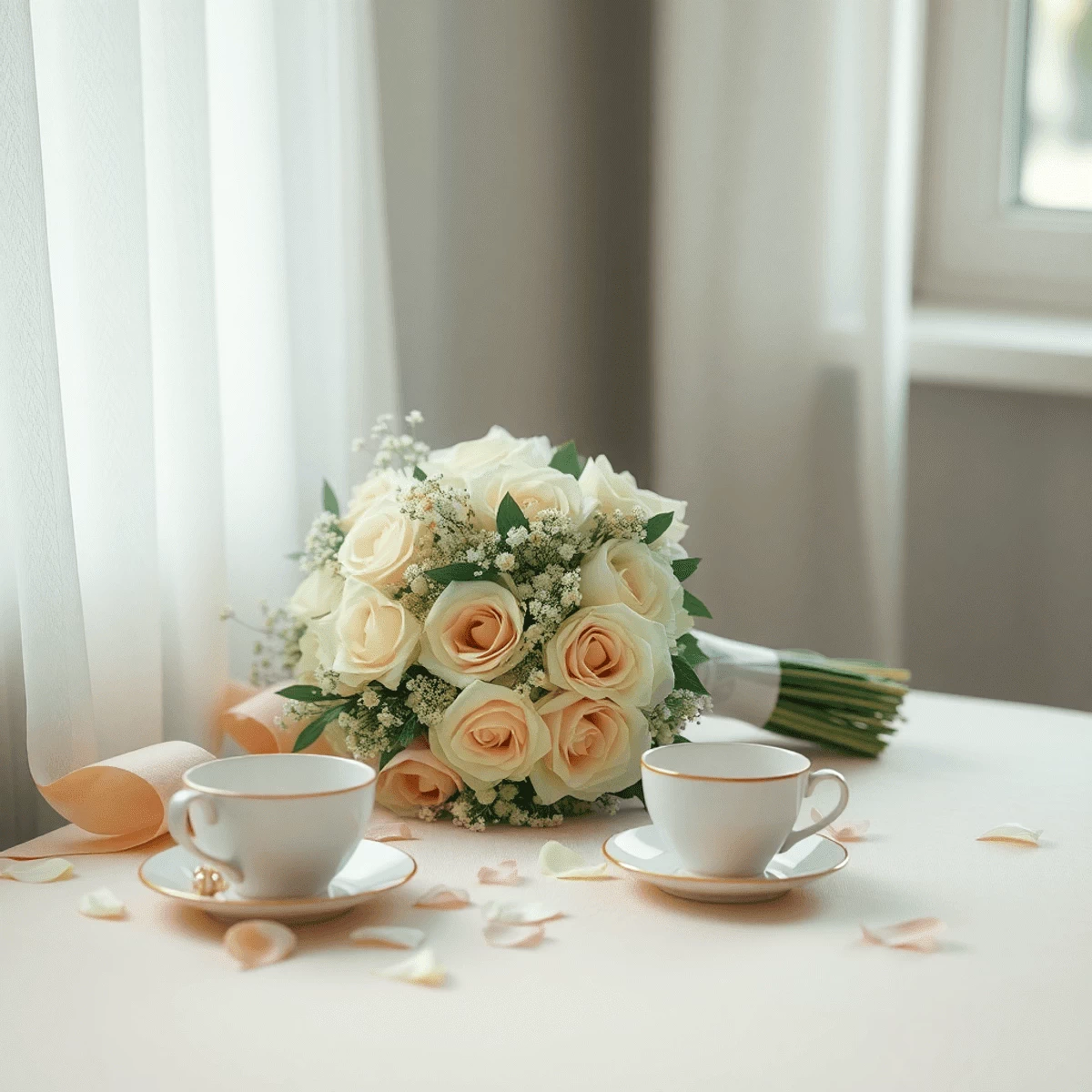 A bridal bouquet on a pastel table next to a half-empty teacup and scattered petals, bathed in soft morning light from a nearby window." />Are you excited about your engagement… but already feeling weirdly heavy about wedding planning?