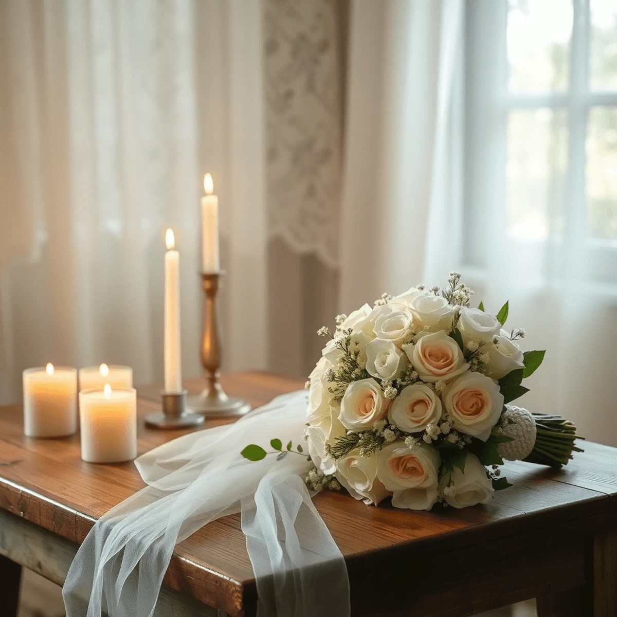 A bridal bouquet on a rustic wooden table beside glowing candles with sunlight filtering through lace