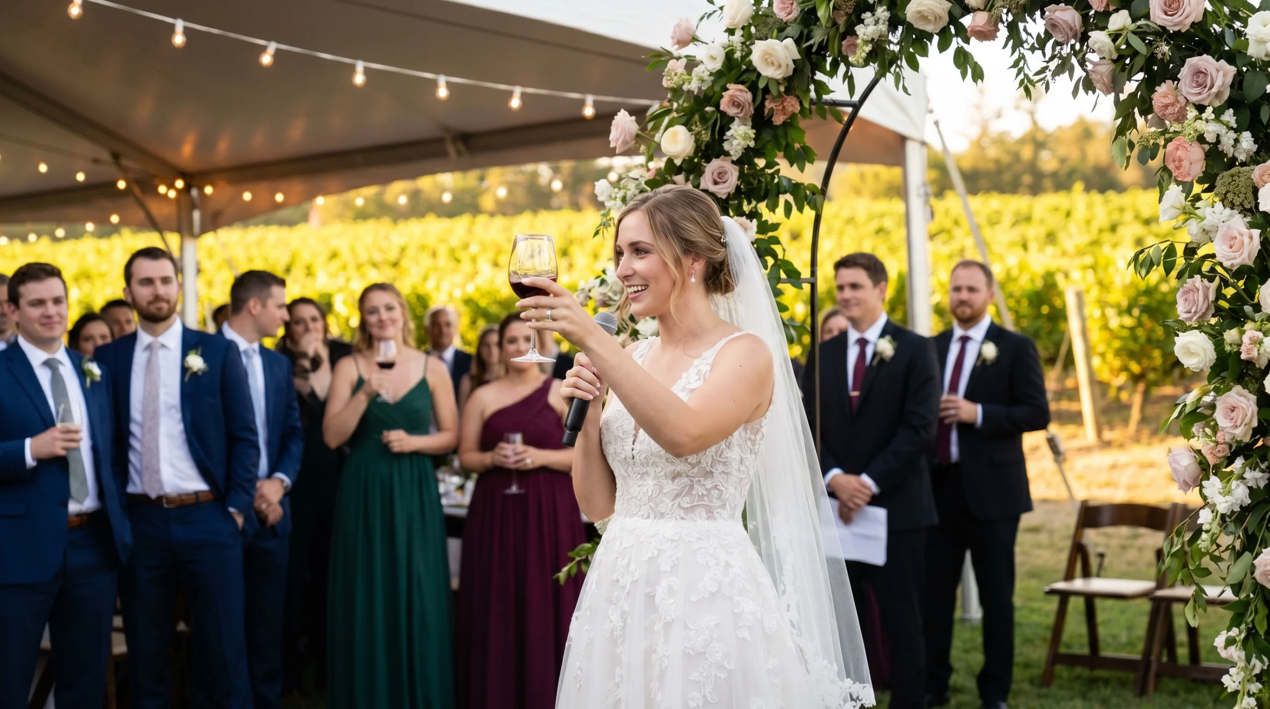 Bride smiling warmly, holding a glass at a wedding reception