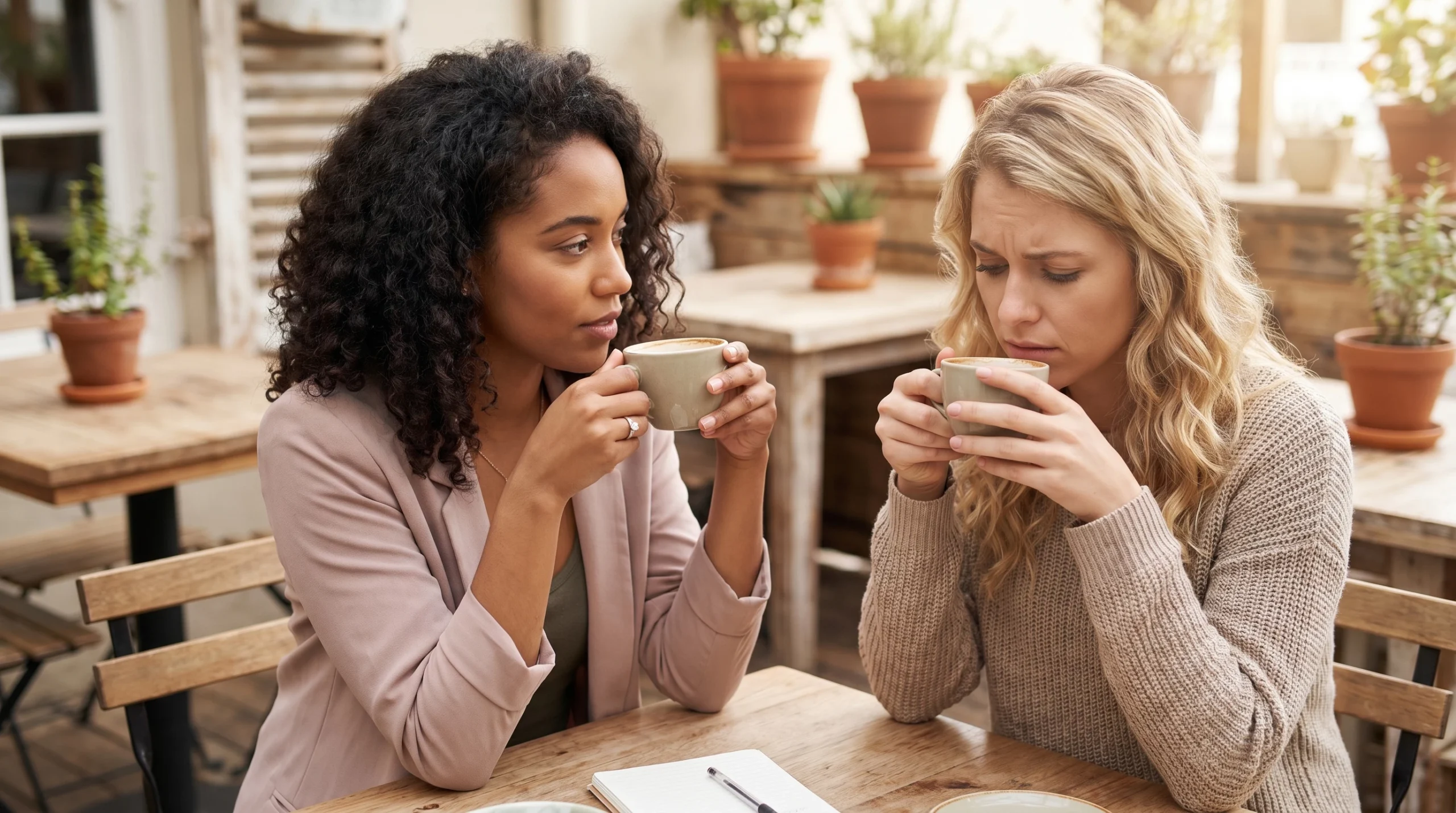 bride-to-be sitting with her close friend at a cozy café or quiet outdoor patio, both dressed casually but polished, having a sincere conversation over coffee.
