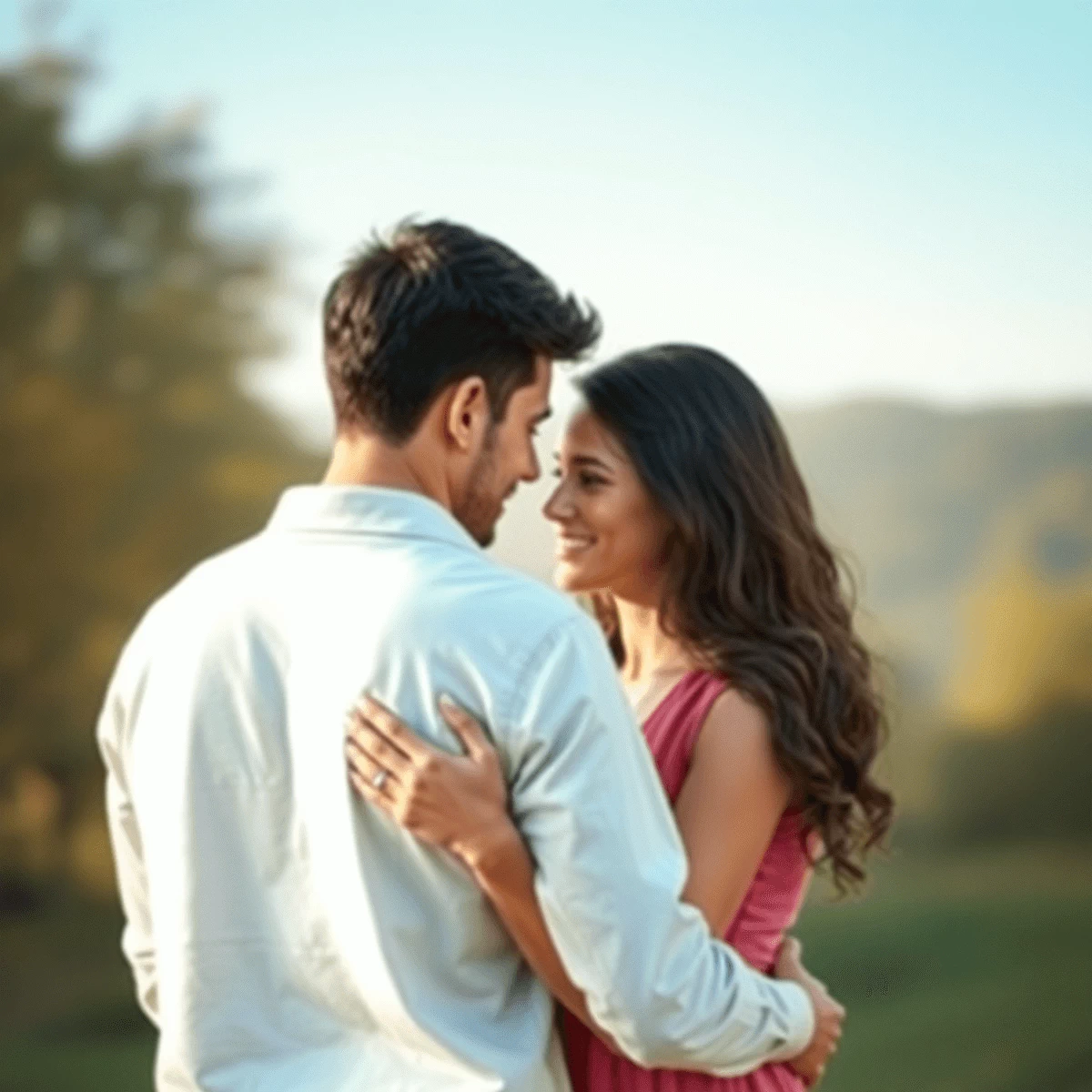 A couple gently embracing outdoors in warm light, with subtle abstract shapes like intertwined circles and shields in the background symbolizing unity and protection.