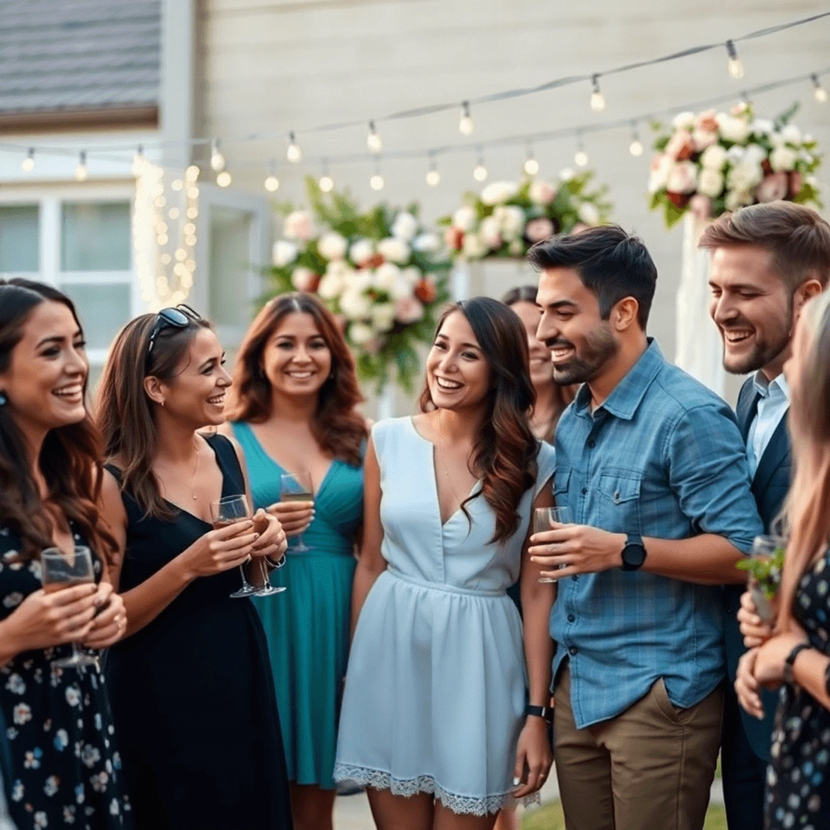 A group of friends smiling and chatting outdoors with fairy lights and floral decorations, creating a warm, festive atmosphere.