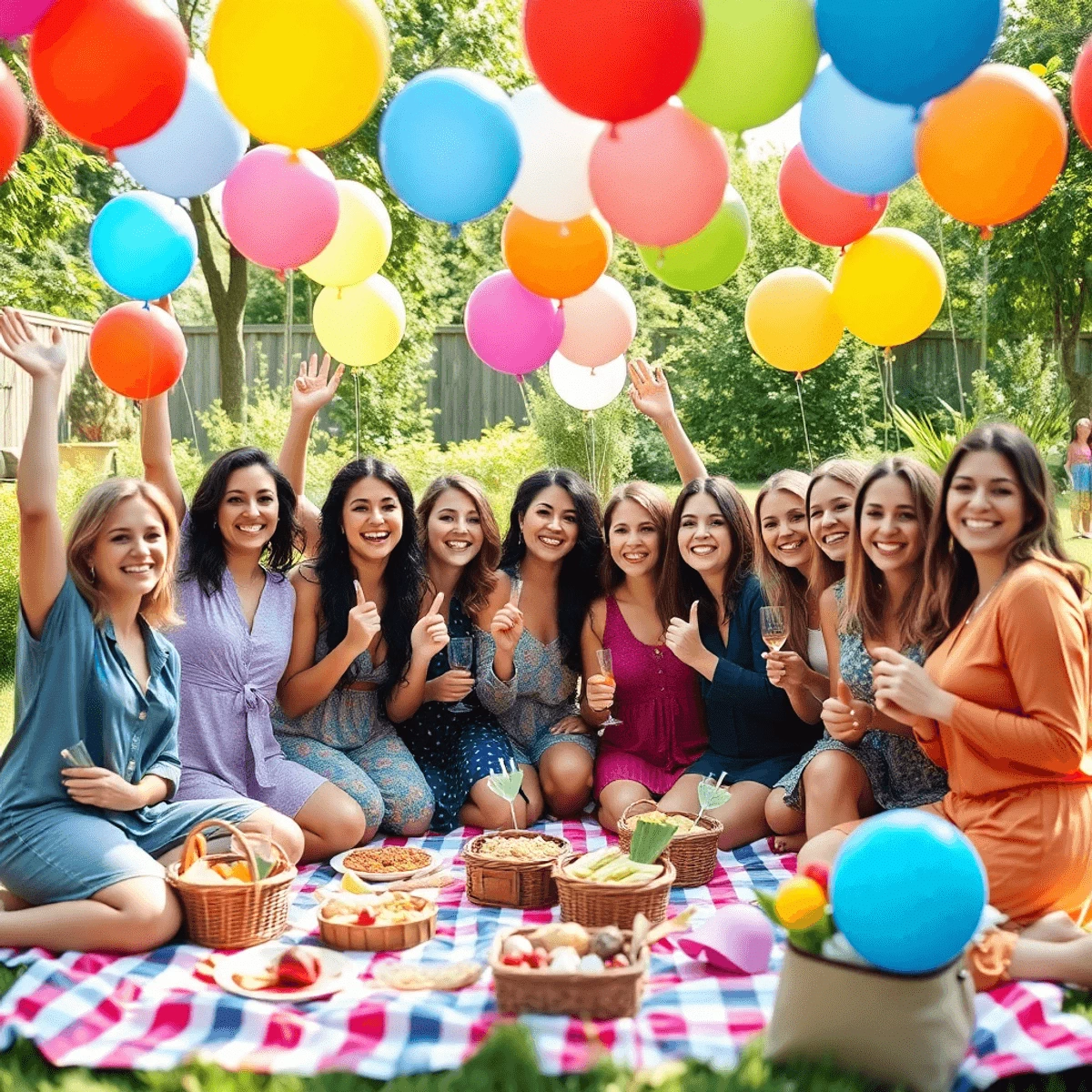 A joyful group of women celebrating outdoors with colorful balloons, festive decorations, picnic blankets, and snacks in a sunny garden.