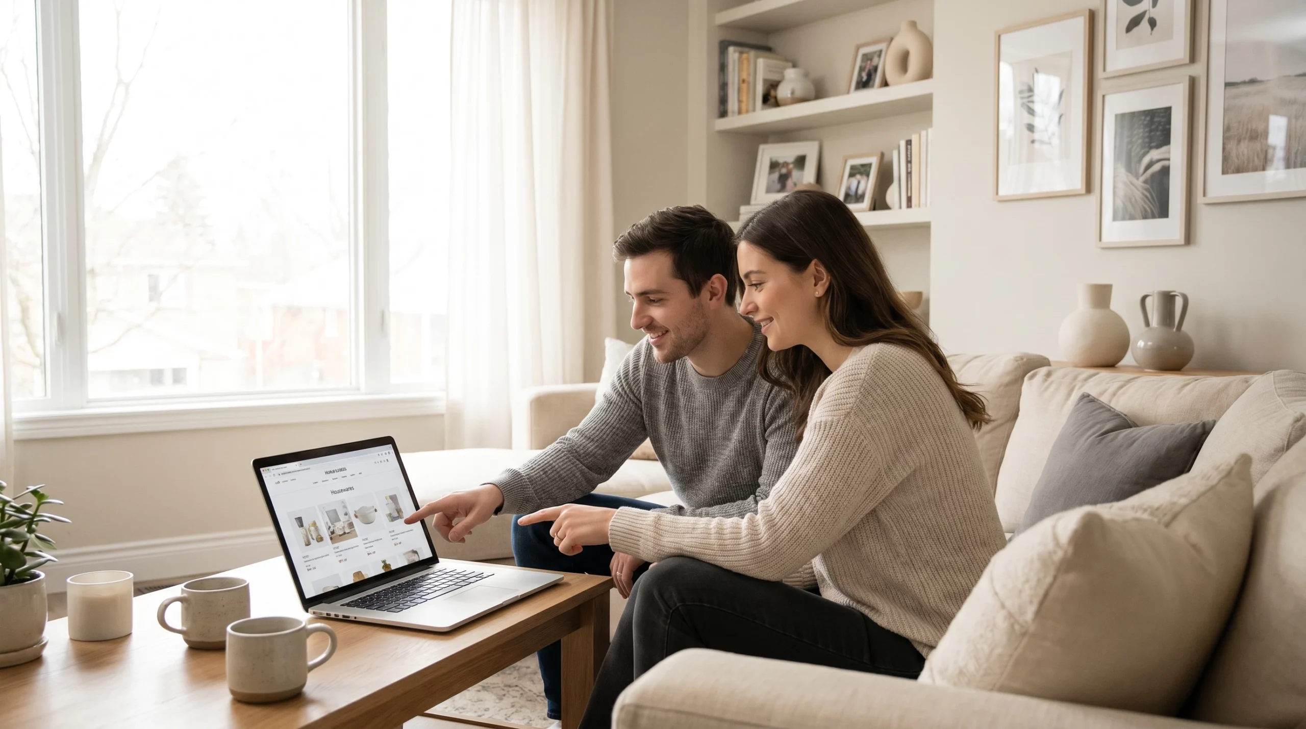 modern engaged couple at home in a bright, tidy kitchen or living room, sitting together with a laptop and coffee, thoughtfully reviewing wedding registry ideas.