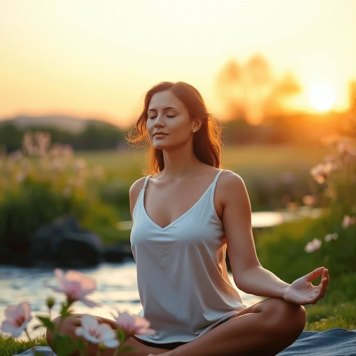 A peaceful woman practicing yoga outdoors at sunrise, surrounded by blooming flowers and flowing water, symbolizing relaxation before a wedding day.