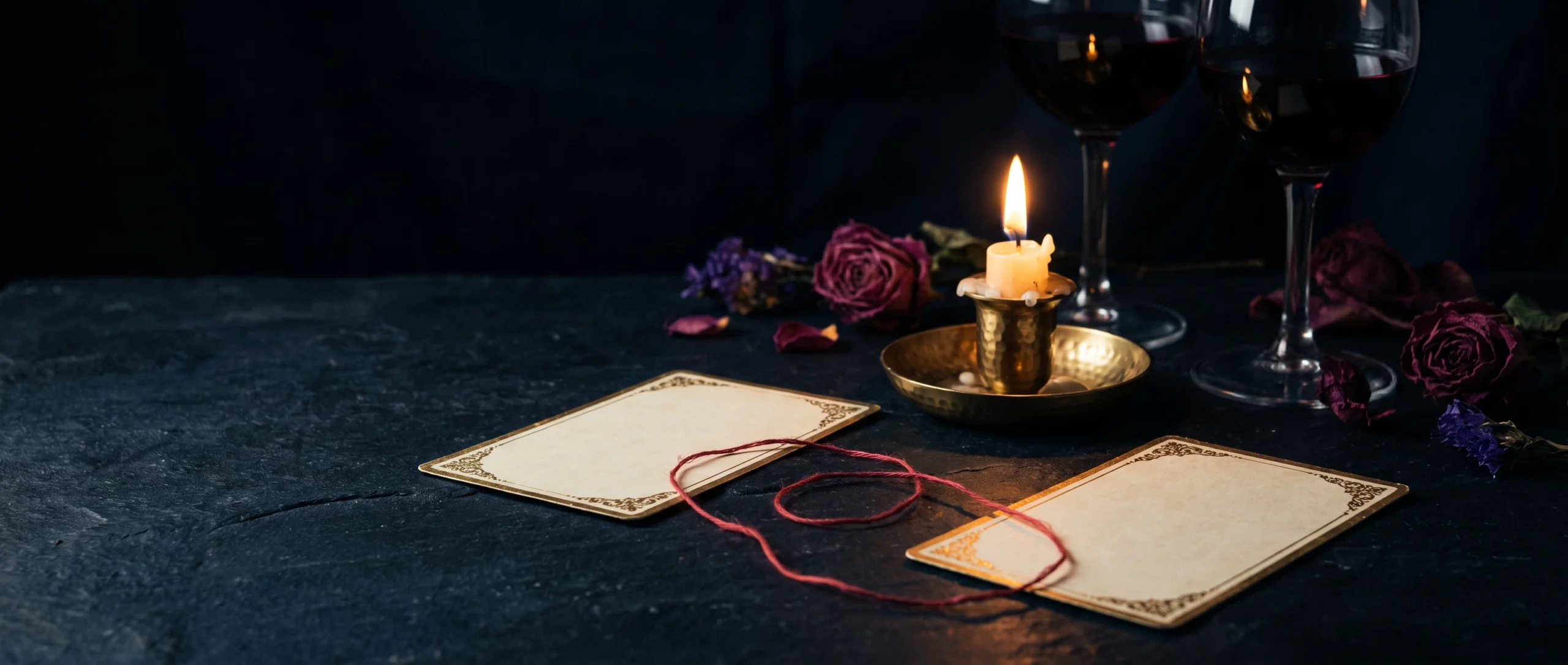 Two gilded ivory cards face-down on a dark table joined by red thread, with wine glasses and a candle.