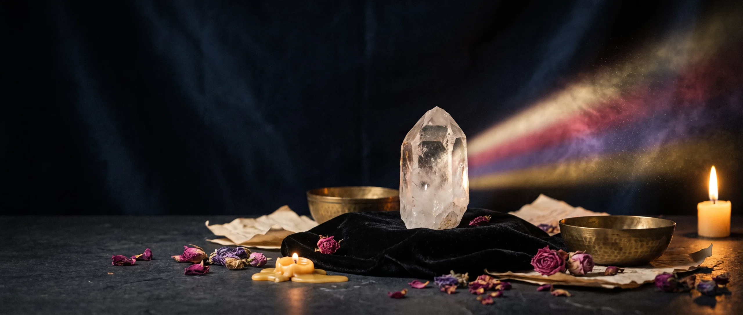 A quartz crystal on black velvet splitting a beam of light into a soft spectrum of aura colors.