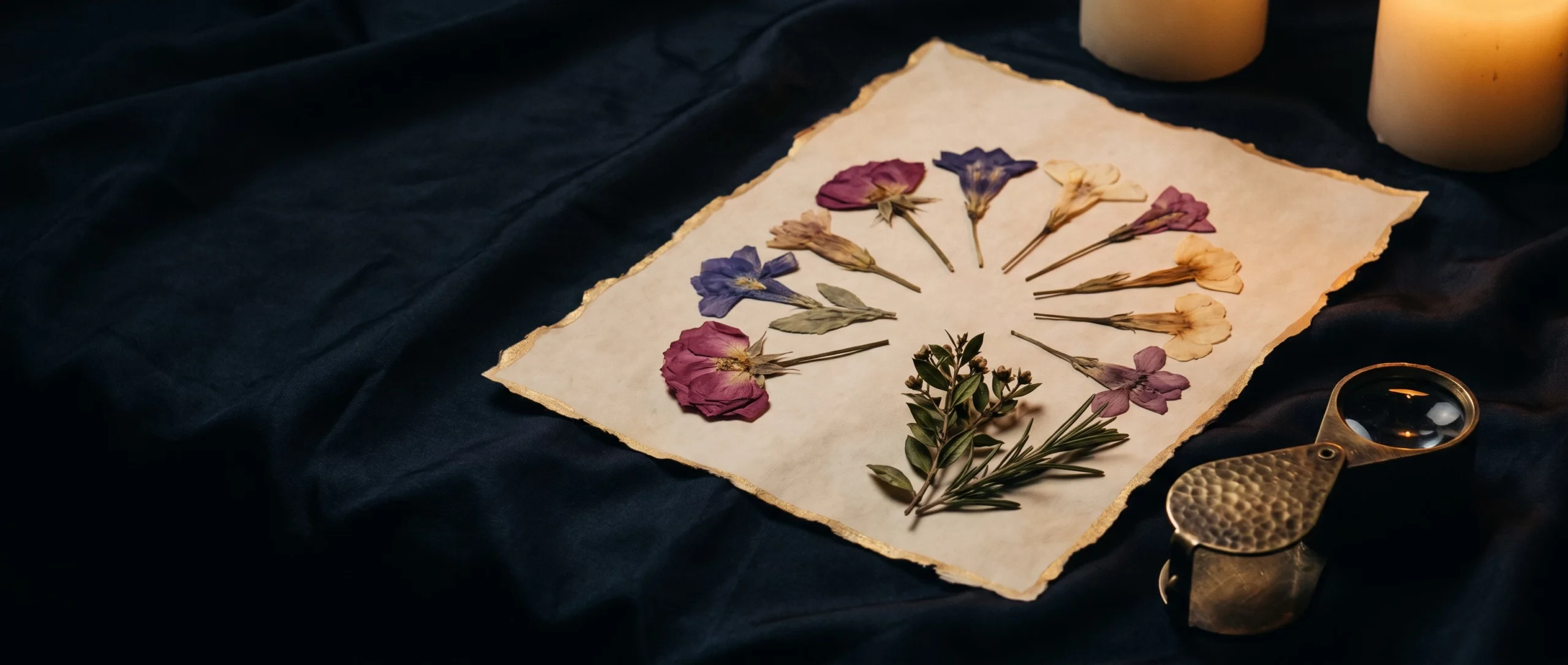 Twelve pressed birth-month flowers fanned across aged parchment with dried myrtle and rosemary.