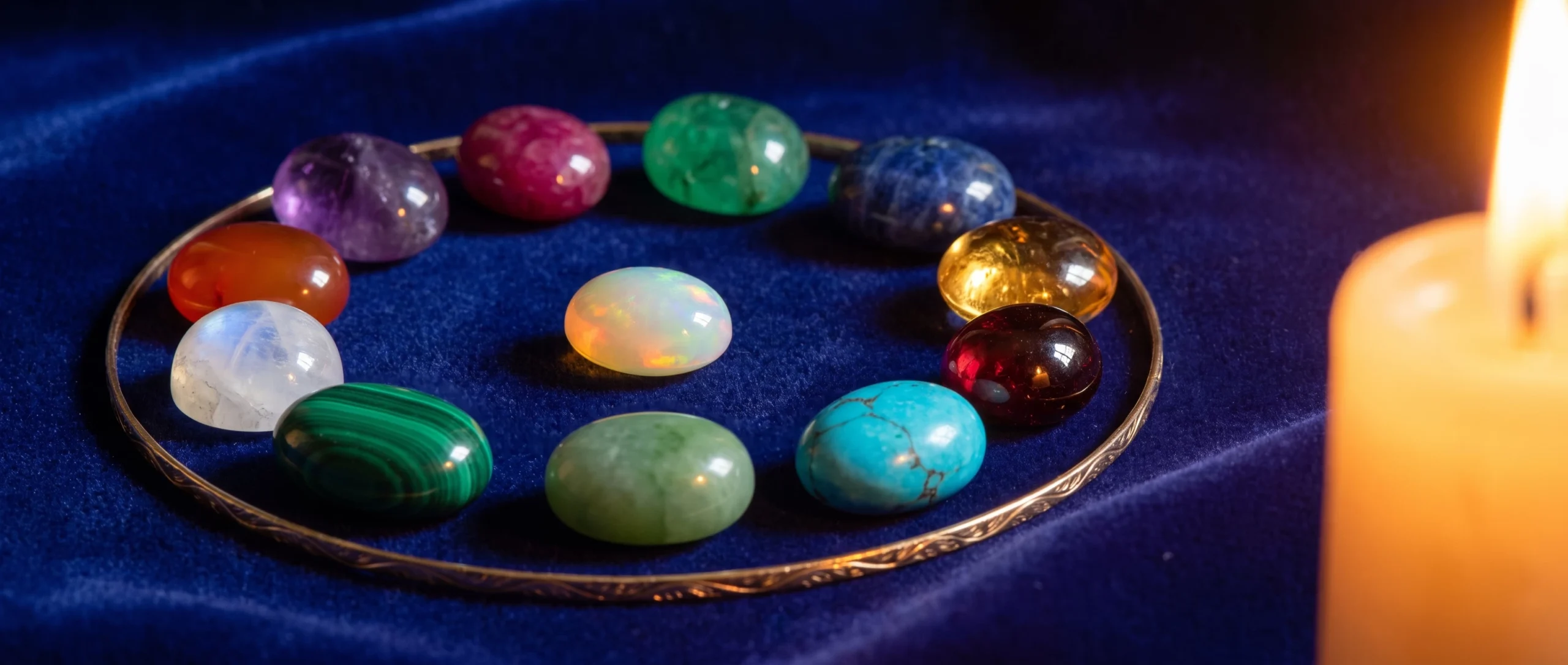 Twelve birthstones of different colors arranged in a circle on dark velvet by candlelight.