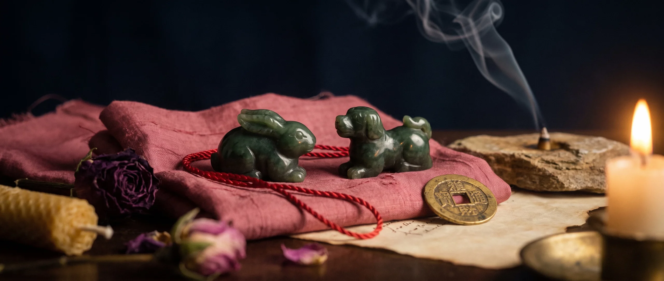 Two carved jade zodiac-animal figurines facing each other on red silk, joined by a red cord.