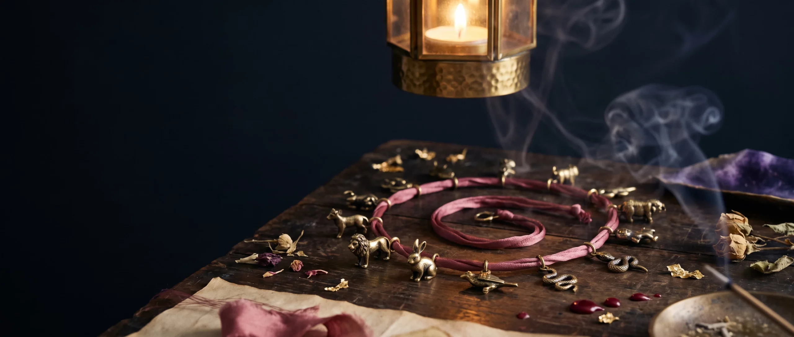 Twelve small brass Chinese zodiac animal charms on a red cord arranged in a spiral on dark wood.