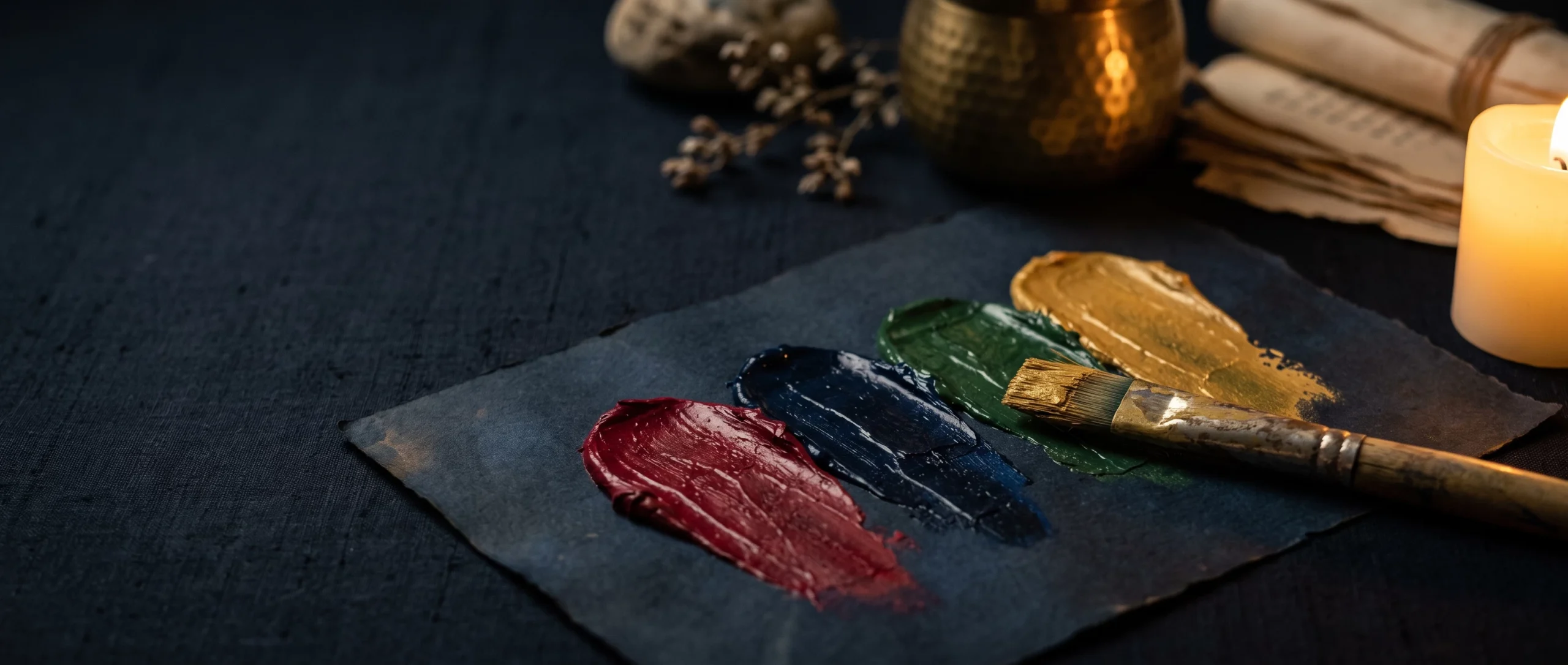 Four thick paint swatches in crimson, blue, green and gold fanned on dark paper with a worn paintbrush.