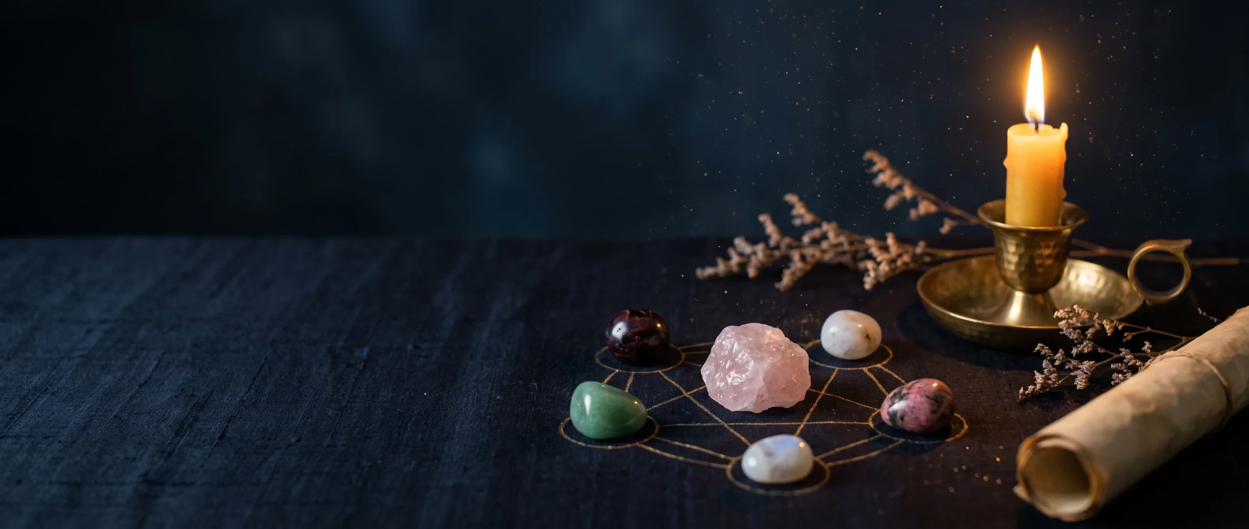 A crystal grid with a central rose quartz ringed by garnet, aventurine, moonstone and rhodonite on dark cloth.
