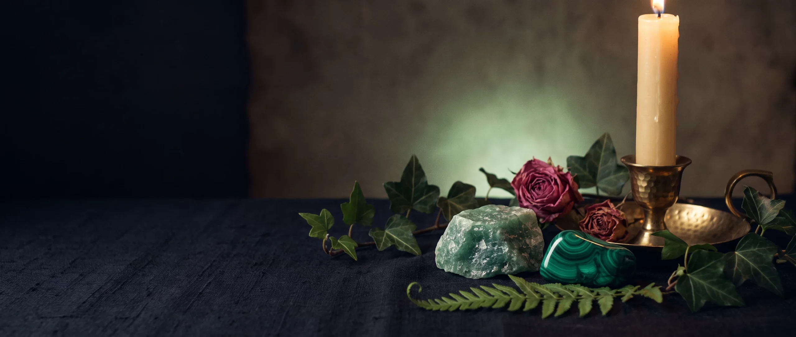 Green aventurine and malachite stones on dark linen framed by trailing ivy and a fern frond.