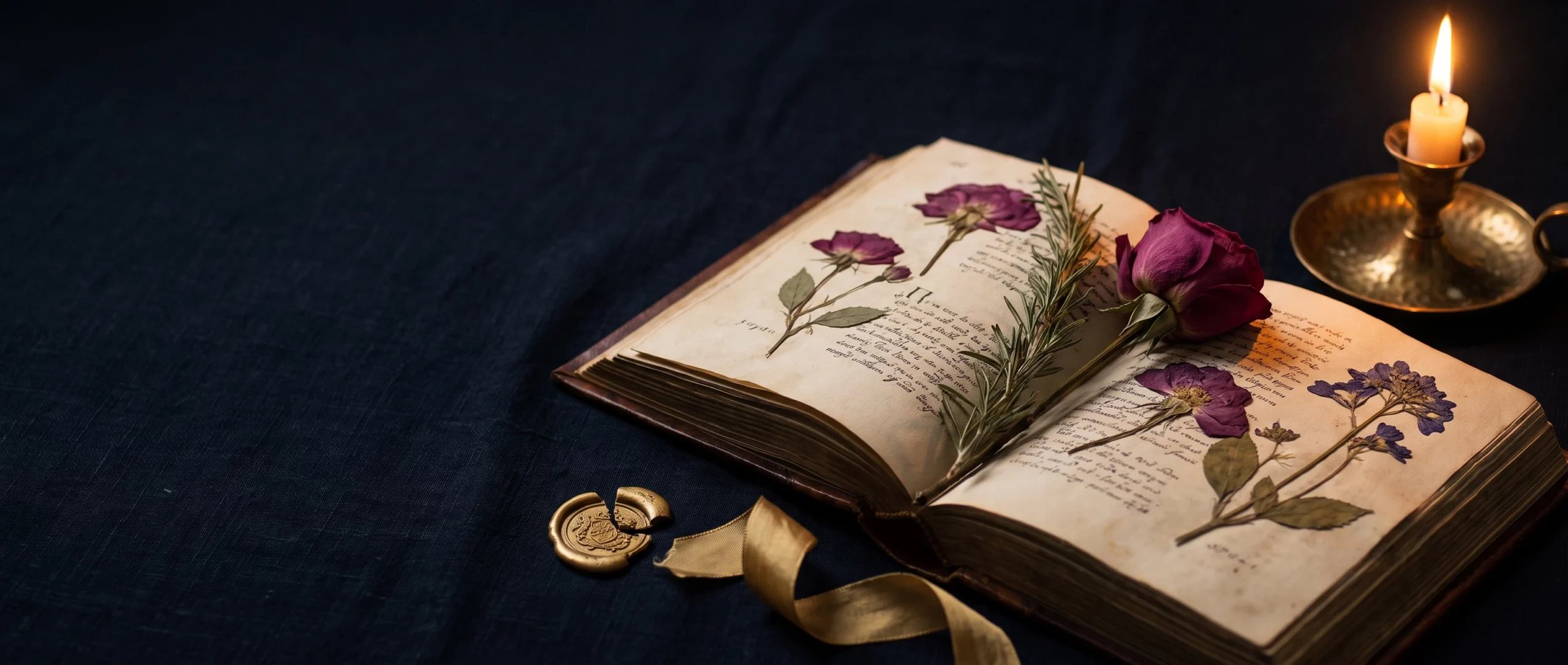 An open antique flower dictionary with pressed blooms, a red rose, rosemary, and a wax seal.