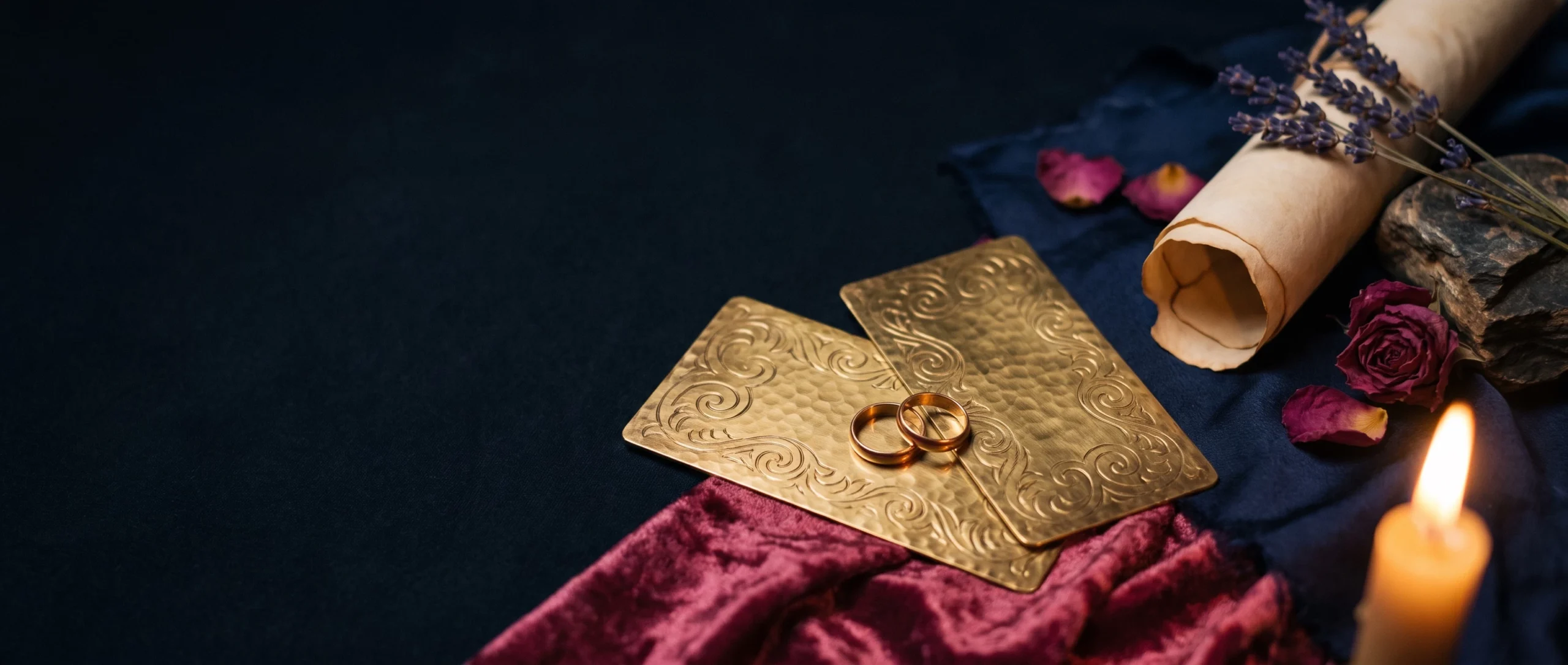 Two engraved brass nameplates overlapping on velvet with a pair of gold wedding bands where they cross.
