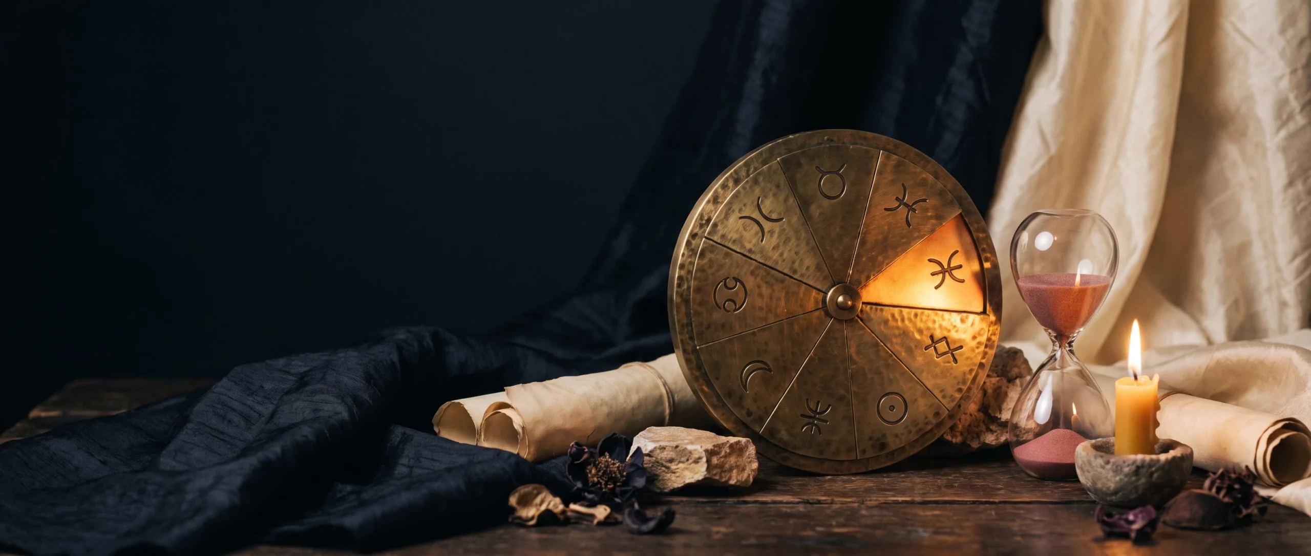 A circular brass calendar-wheel with nine engraved segments, one lit gold, beside an hourglass and a candle.