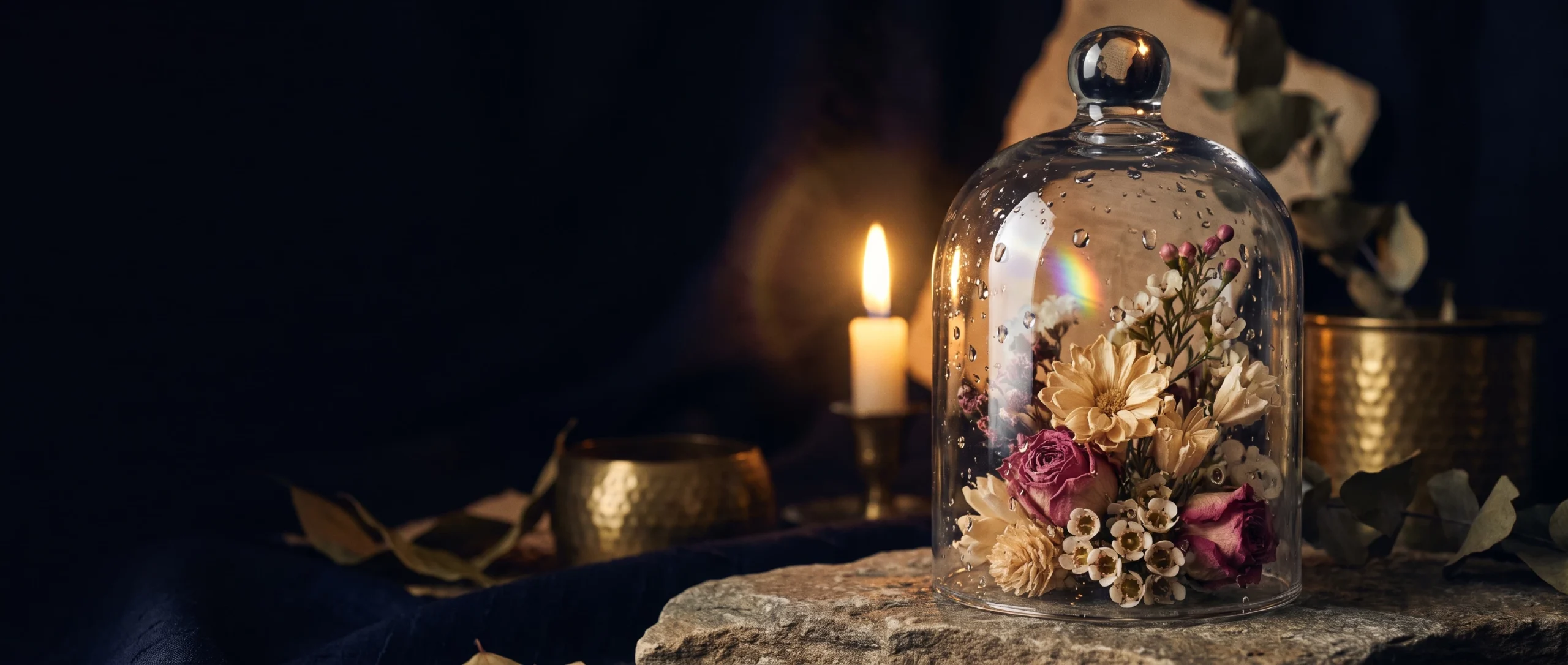 A glass cloche over dried flowers with rain droplets on the glass against a stormy blue background.