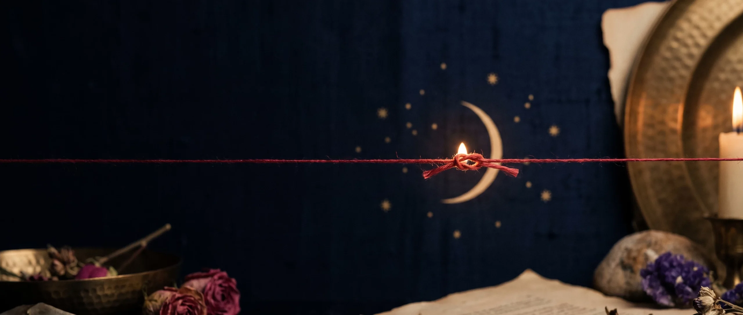 A single red thread stretched across a midnight-blue field, tied in a knot at center, with a crescent moon.