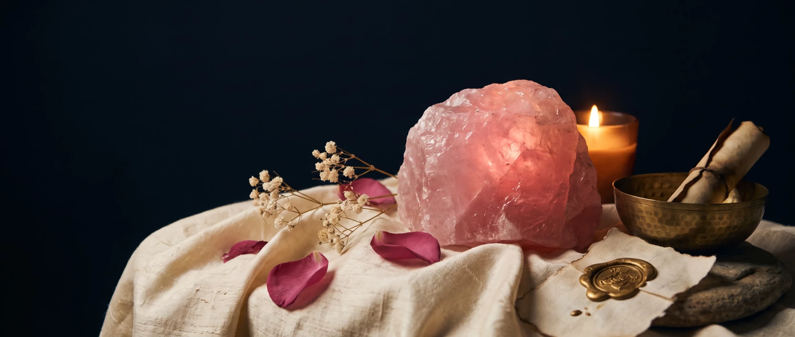A large raw rose quartz crystal on ivory silk glowing pink by candlelight, with rose petals beside it.