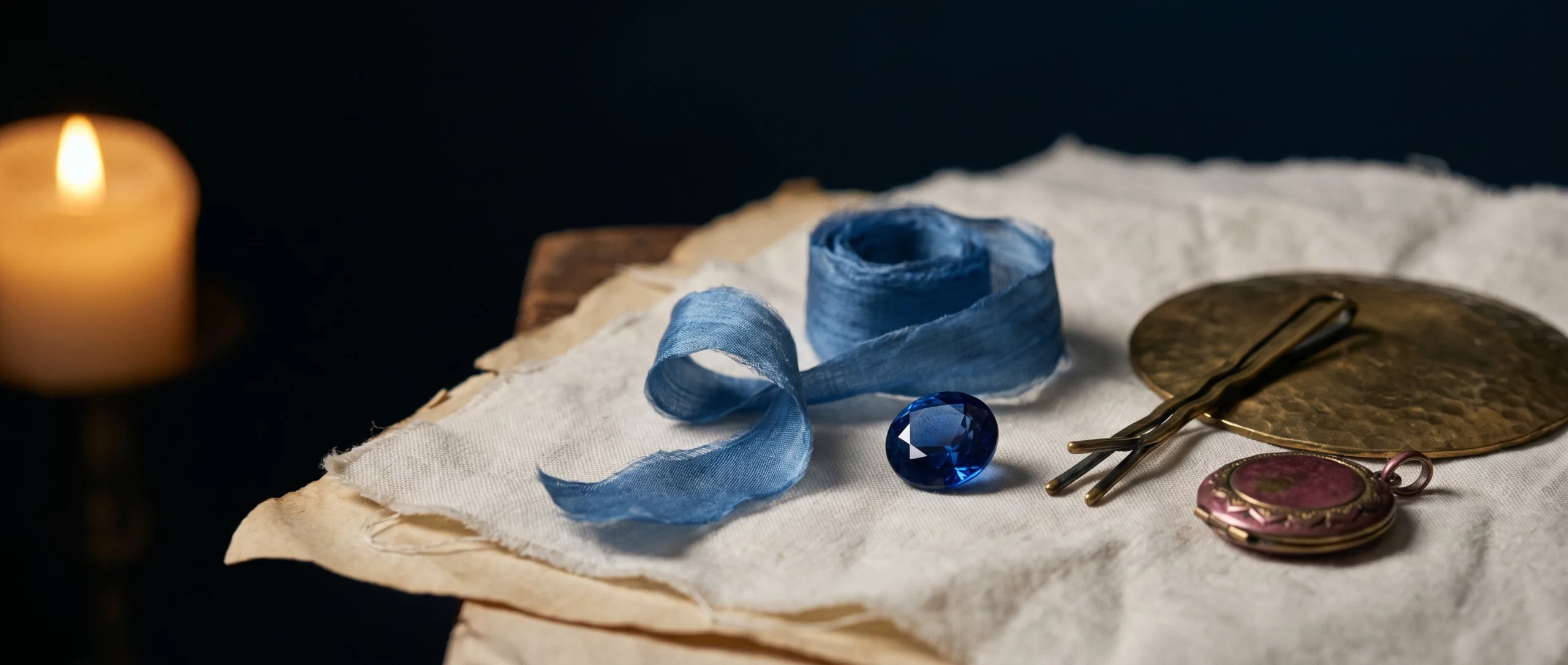 A deep-blue sapphire and blue silk ribbon on ivory linen with an antique hairpin and locket.
