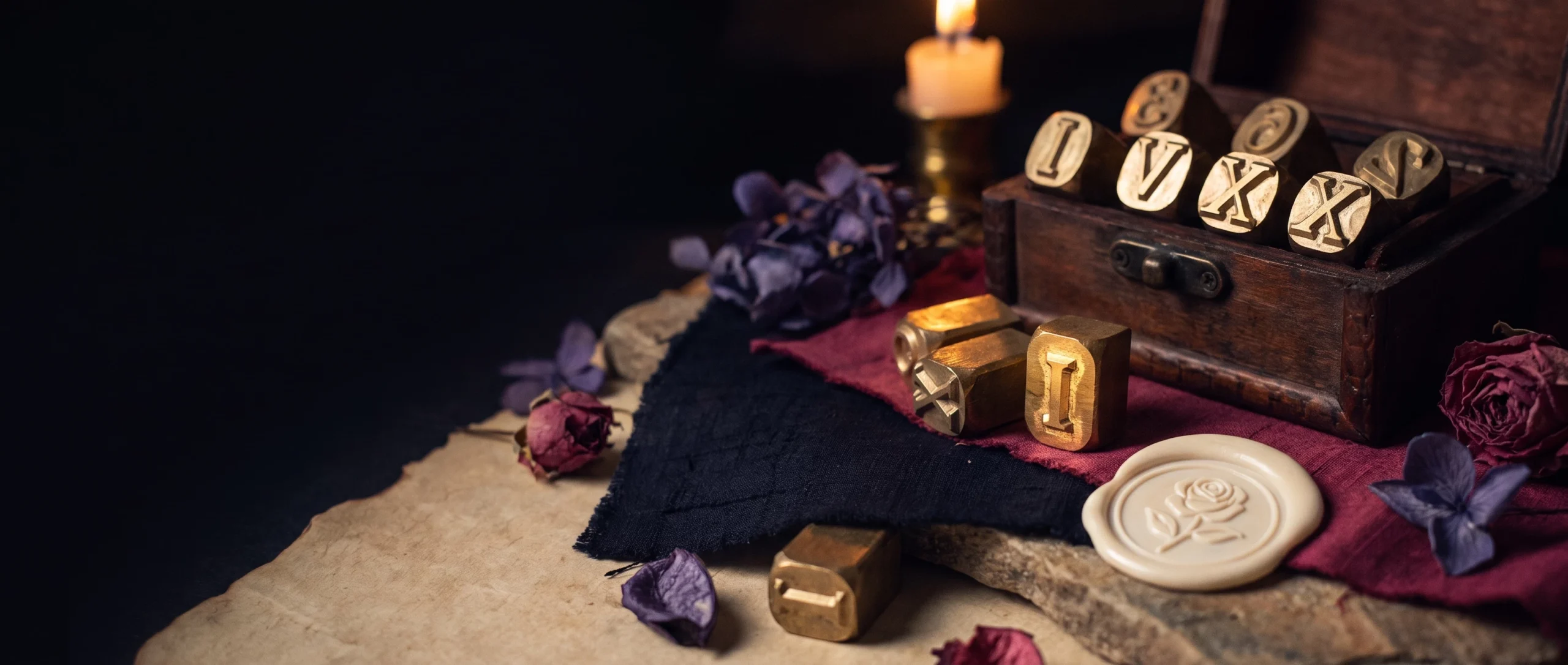 Antique brass numeral stamps spilled from a wooden box on dark linen, one upright, with a wax impression.