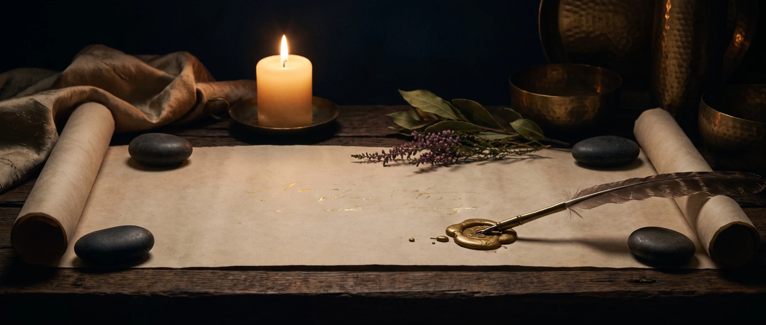 An unrolled parchment weighted with river stones, a quill, candle wax, and sprigs of laurel and heather.