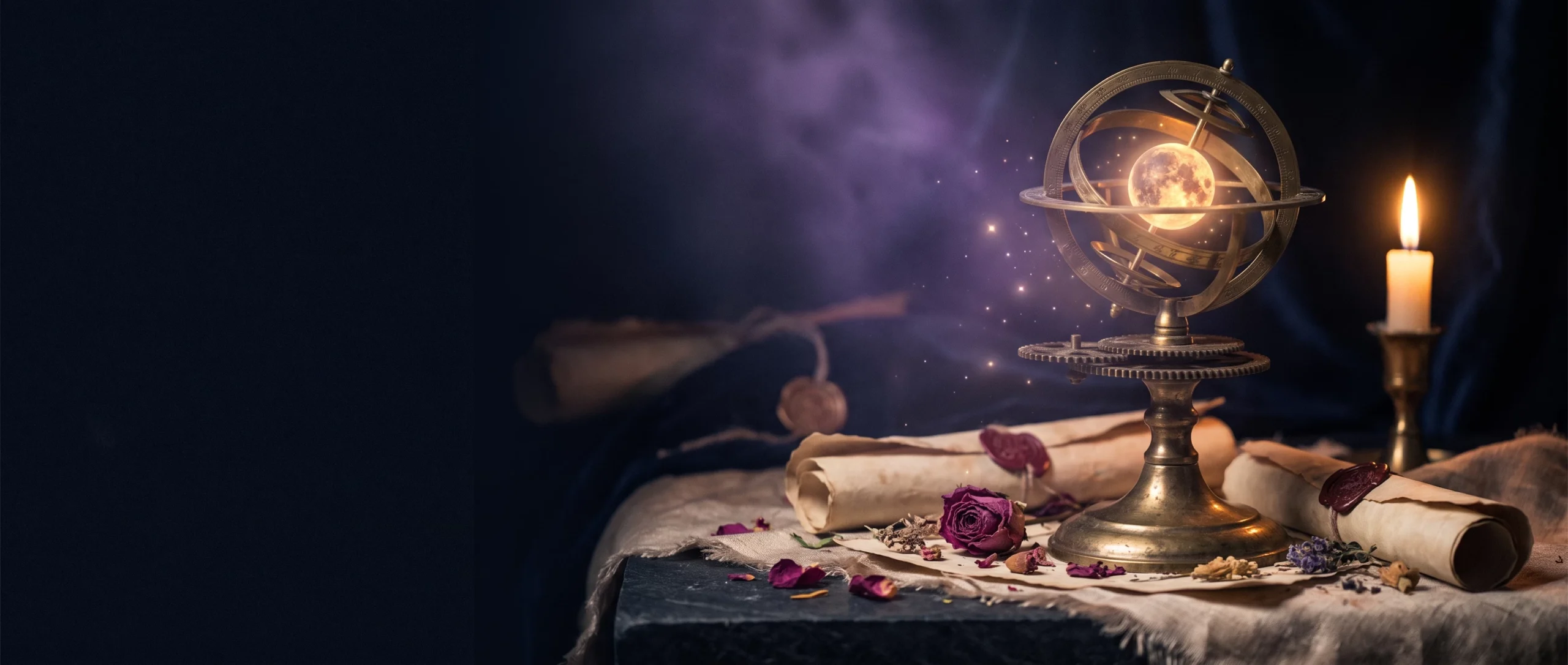 An antique brass orrery on a dark surface with one planet glowing gold amid points of starlight.