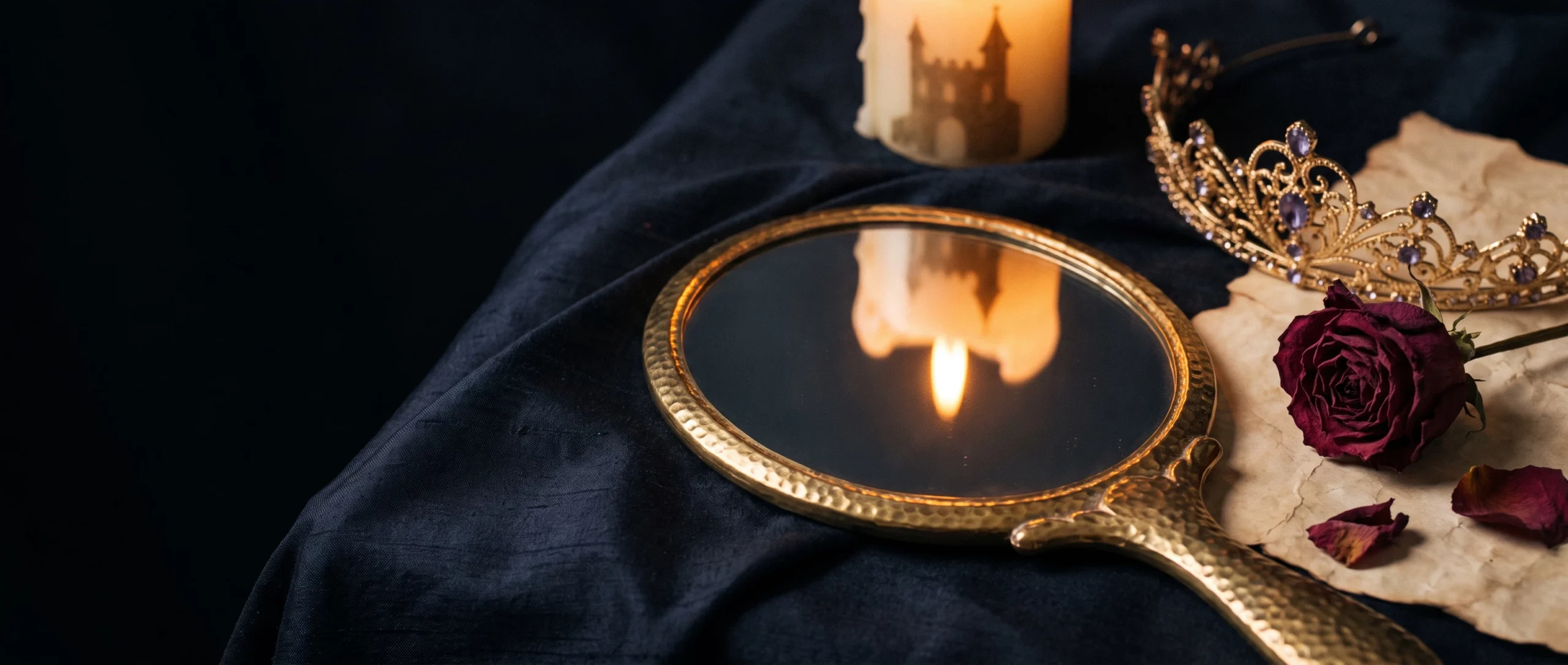 An ornate gold hand-mirror on dark velvet reflecting candlelight and a blurred castle, with a tiara and a rose.