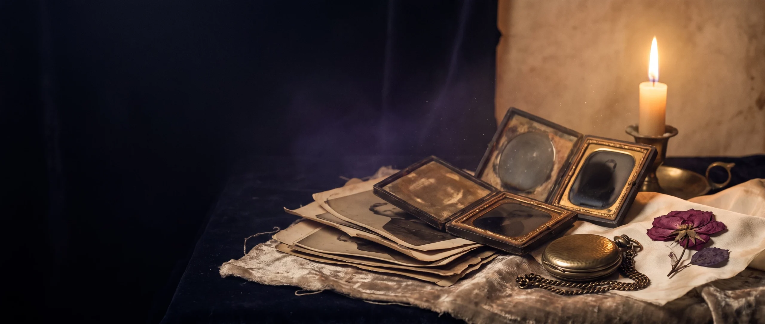 A stack of antique sepia photographs and daguerreotype cases with faces obscured, a pocket watch, and a pressed flower.