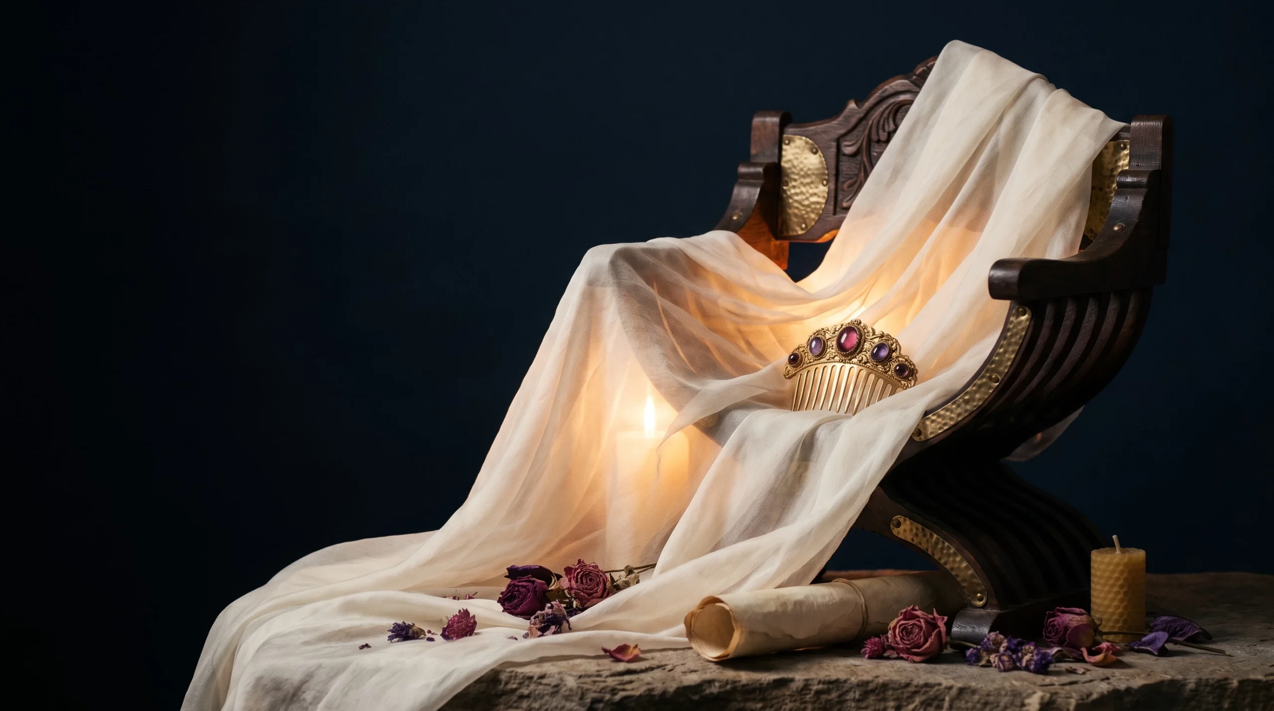 A translucent ivory wedding veil draped over a dark antique chair, backlit and glowing, with a gold comb.