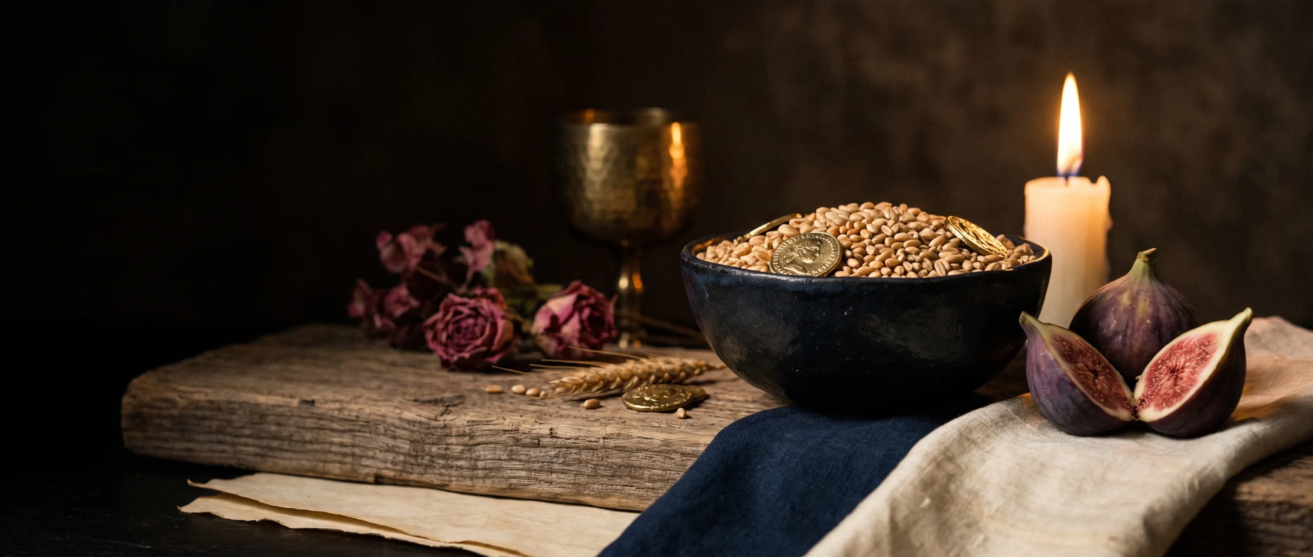 A dark bowl overflowing with wheat and gold coins on aged wood, a split fig beside it, lit by warm candlelight.