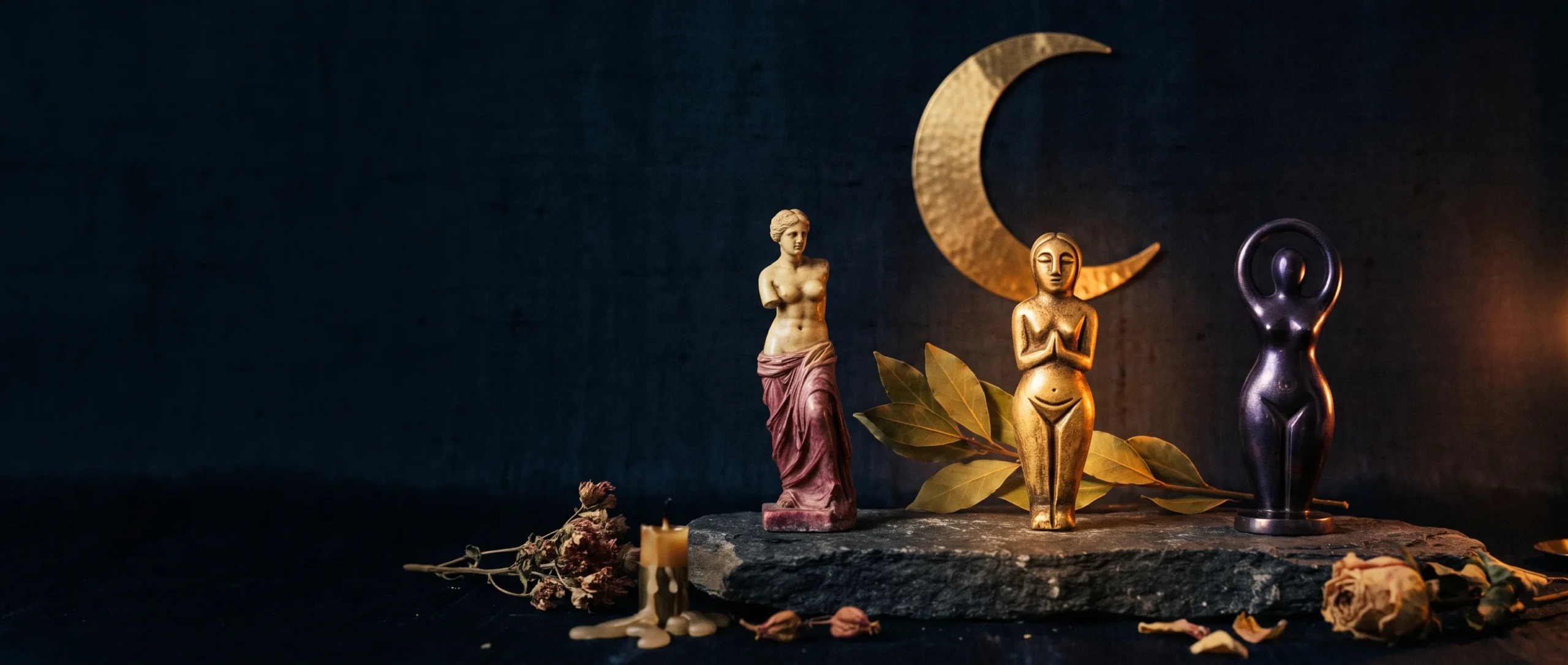 Three carved goddess figurines of different eras in a row on dark stone, the center one glowing gold, laurel and a crescent moon behind.
